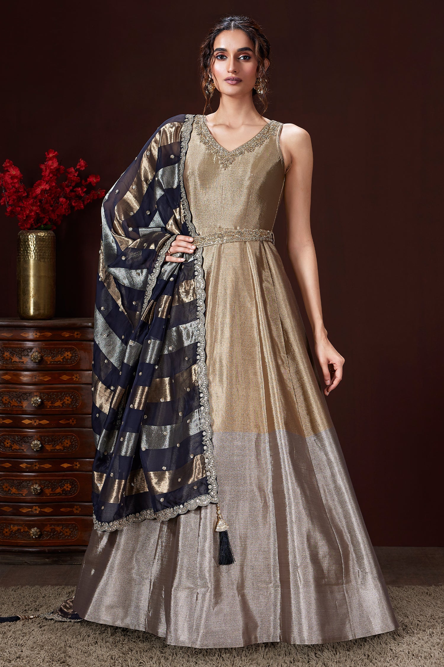 Golden and Silver Ombre Tissue Anarkali Suit with Sequin Zardosi Work - Image 2