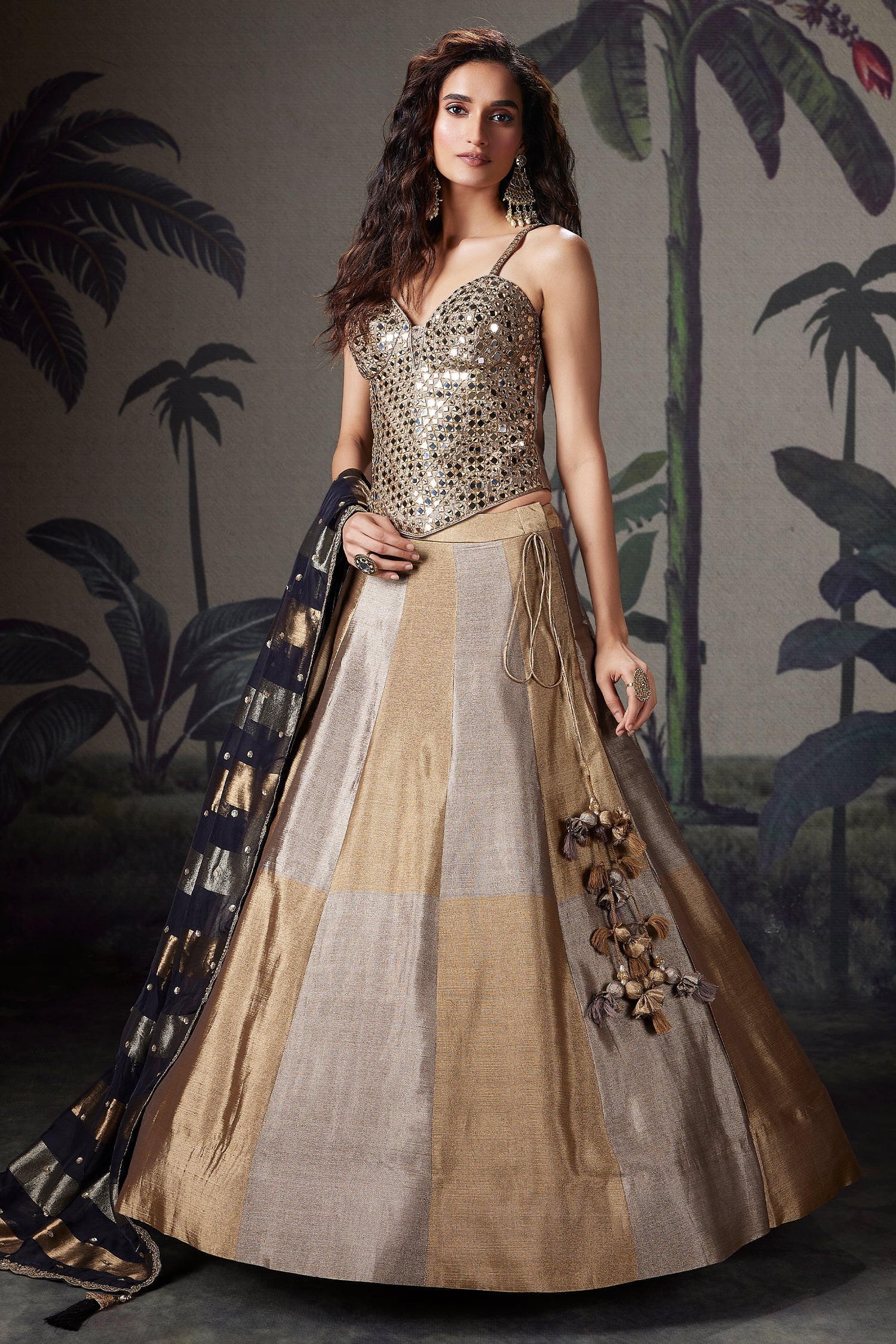 Golden and Silver Ombre Tissue Lehenga with Mirror Worked Corset - Image 3