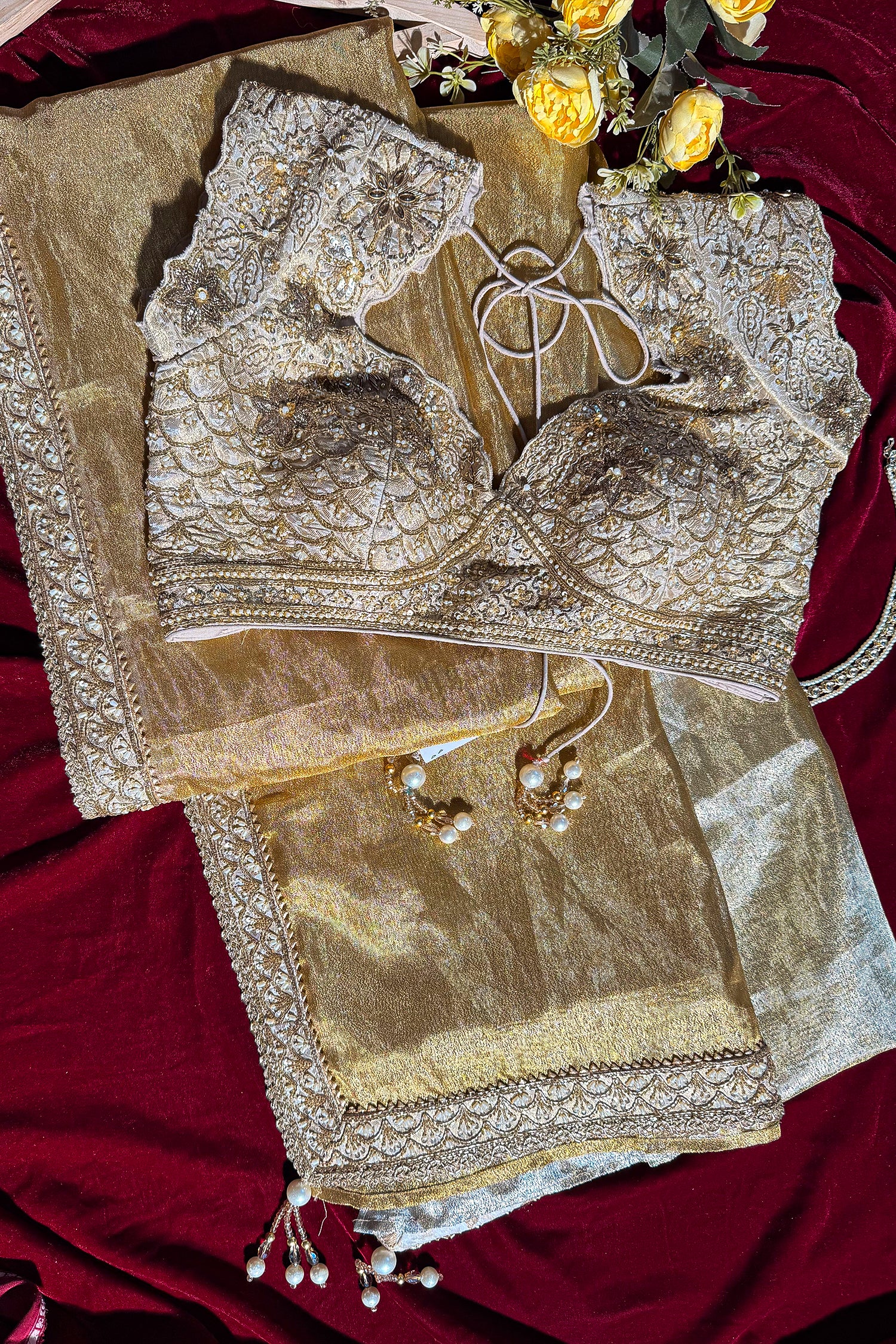 Golden and Silver Tissue Silk Saree with Designer Readymade Blouse - Image 3