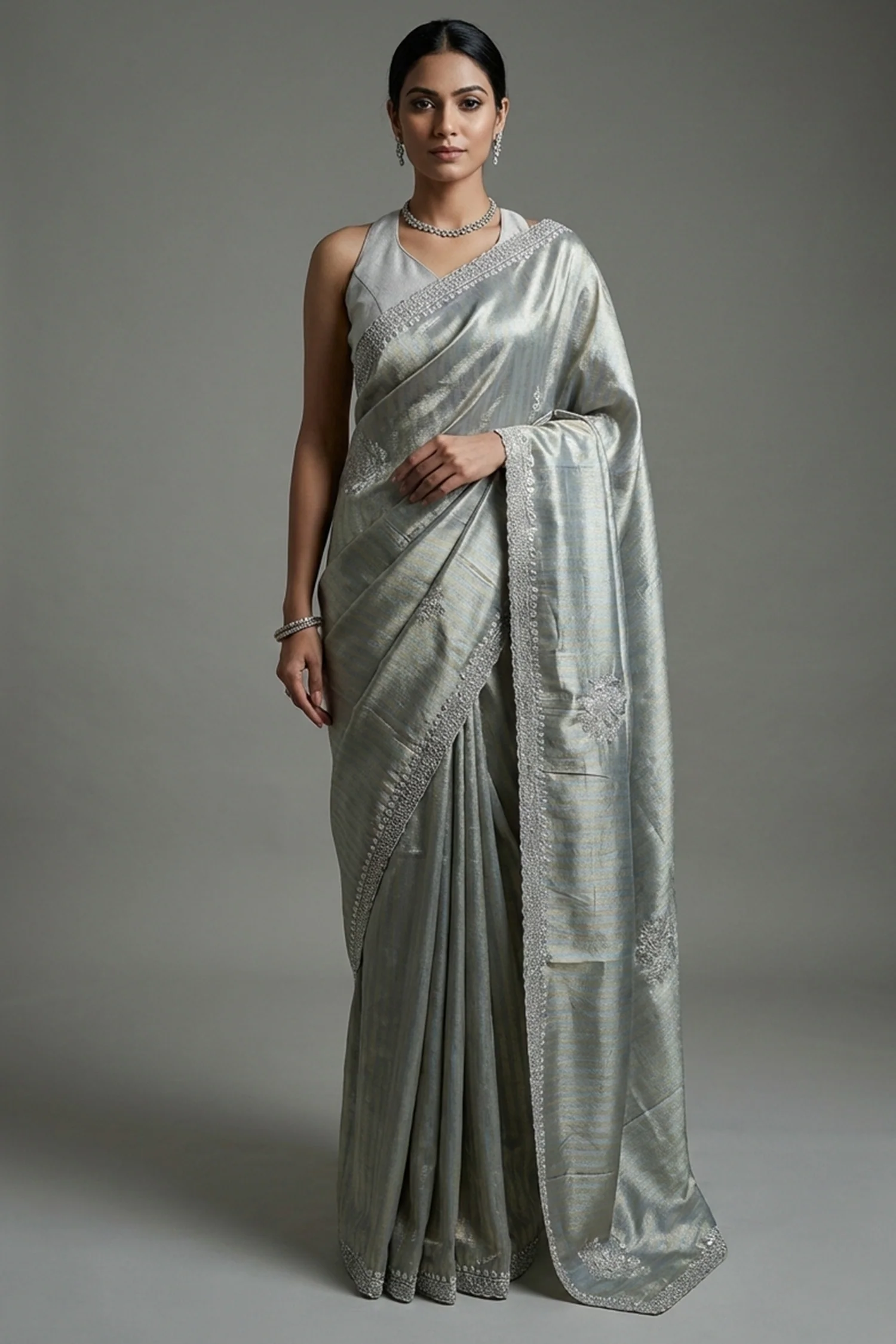 Golden and Silver Tissue Silk Stripe Saree with Sequin and Bead Work
