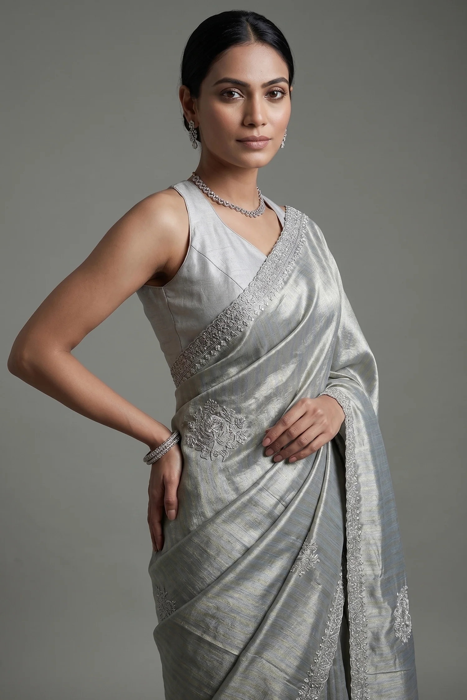Golden and Silver Tissue Silk Stripe Saree with Sequin and Bead Work - Image 2