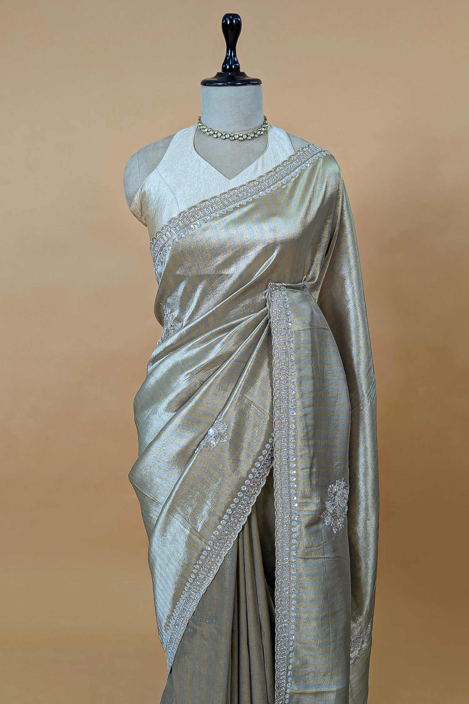Golden and Silver Tissue Silk Stripe Saree with Sequin and Bead Work - Image 4