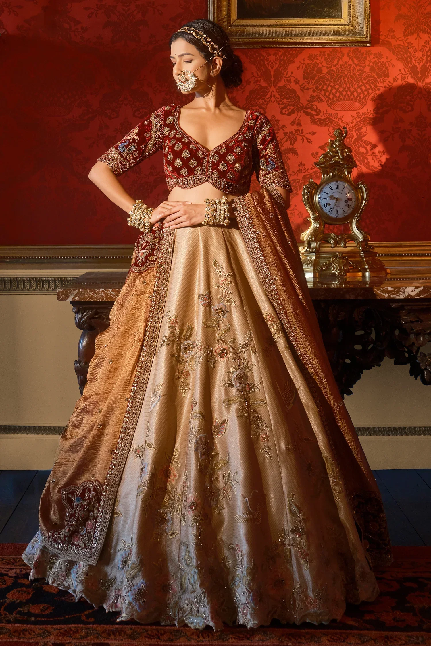 Golden Designer Lehenga in Banarasi Silk with Embroidered Floral and Bird Motifs - Image 2