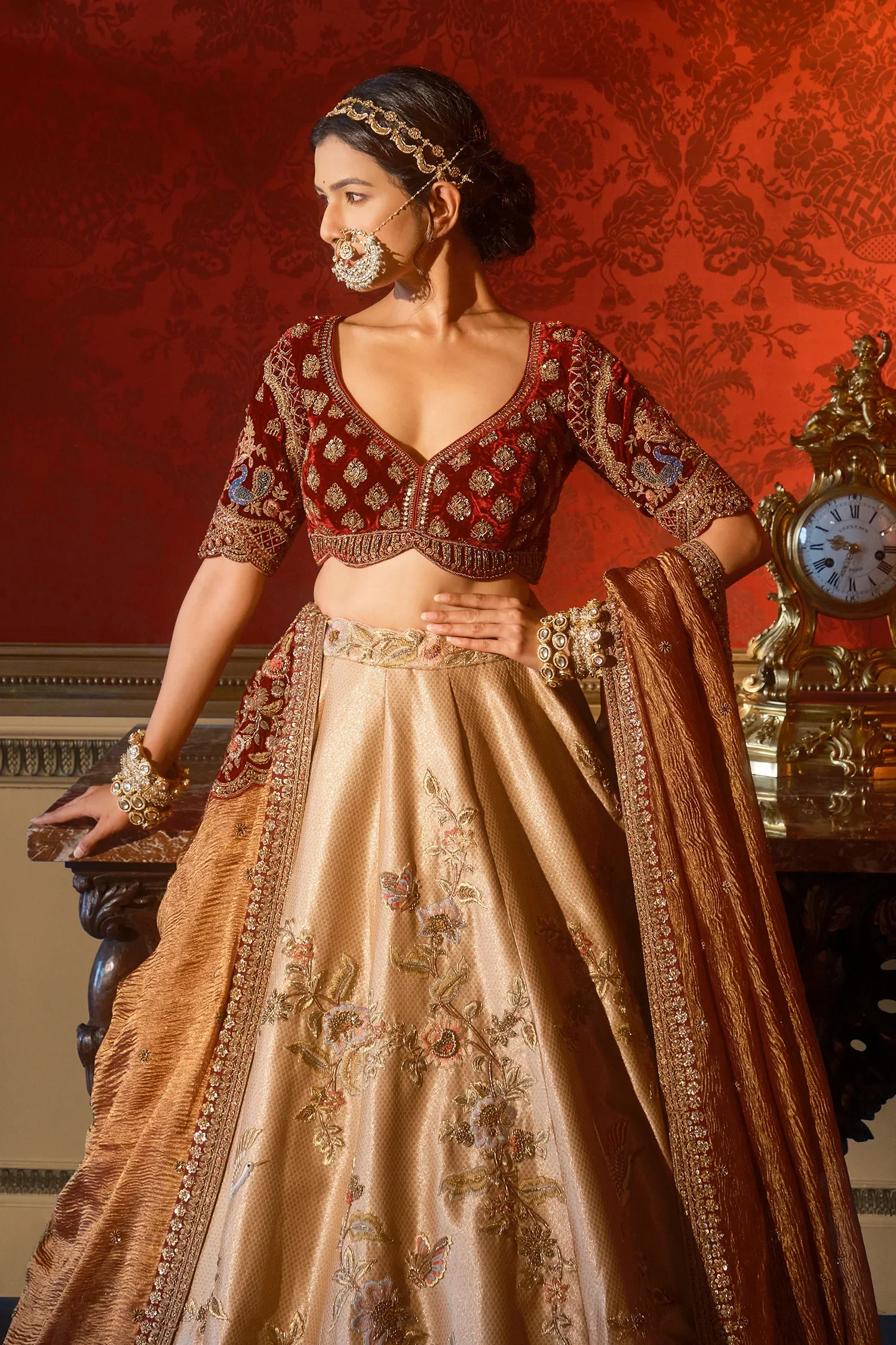 Golden Designer Lehenga in Banarasi Silk with Embroidered Floral and Bird Motifs - Image 3