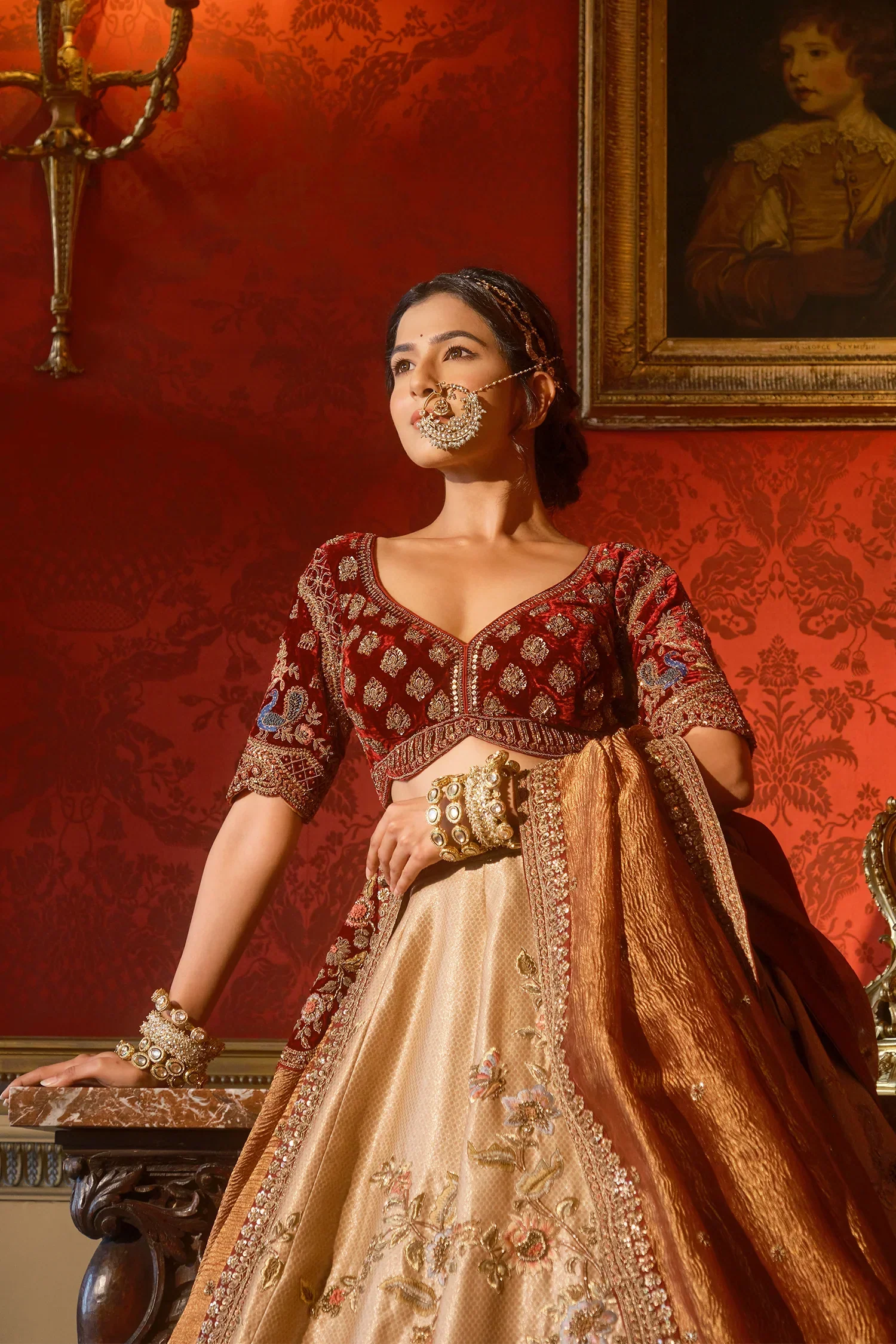 Golden Designer Lehenga in Banarasi Silk with Embroidered Floral and Bird Motifs - Image 4
