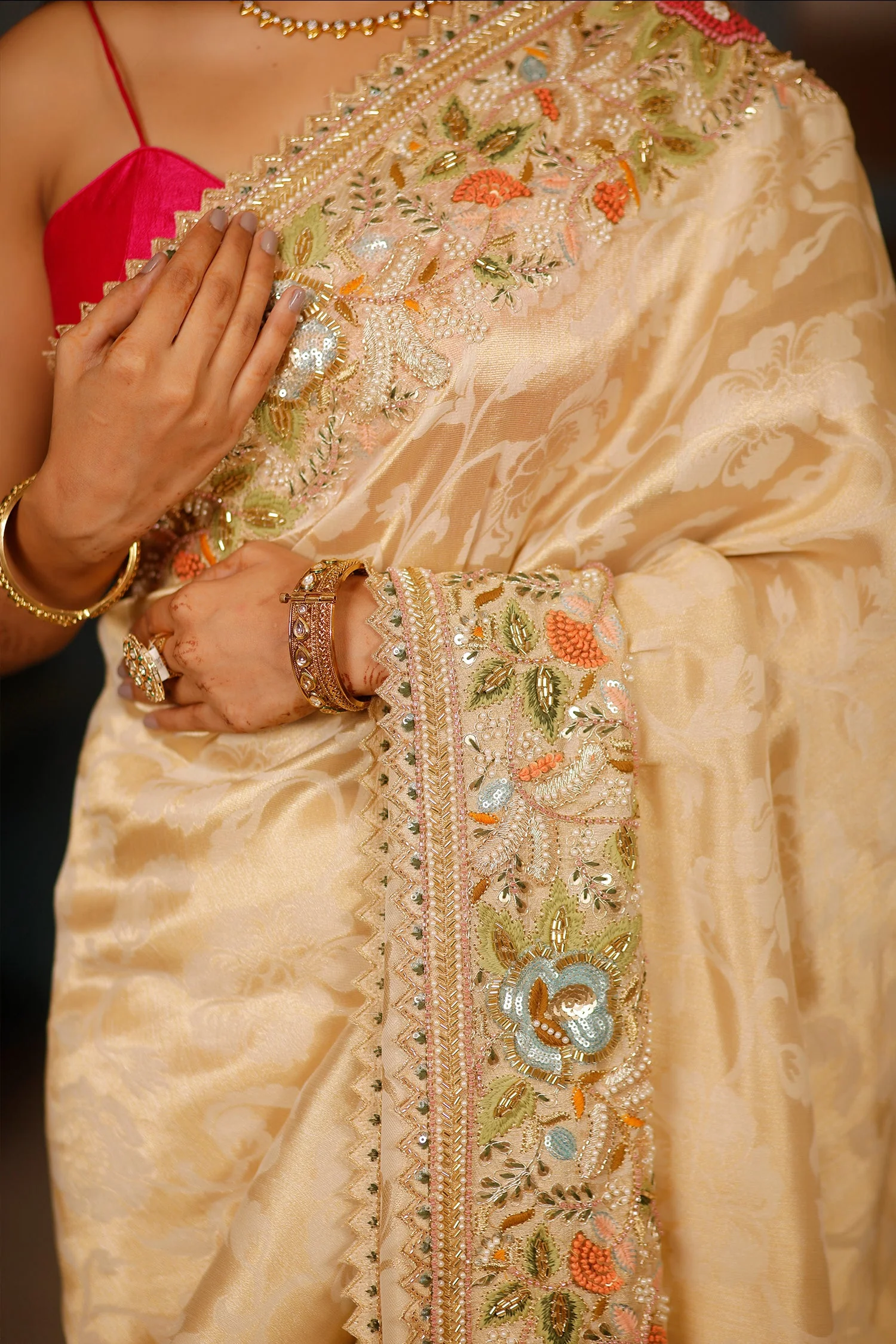 Golden Dola Silk Floral Woven Saree with Sequin Cutdana and Resham Work Border - Image 5