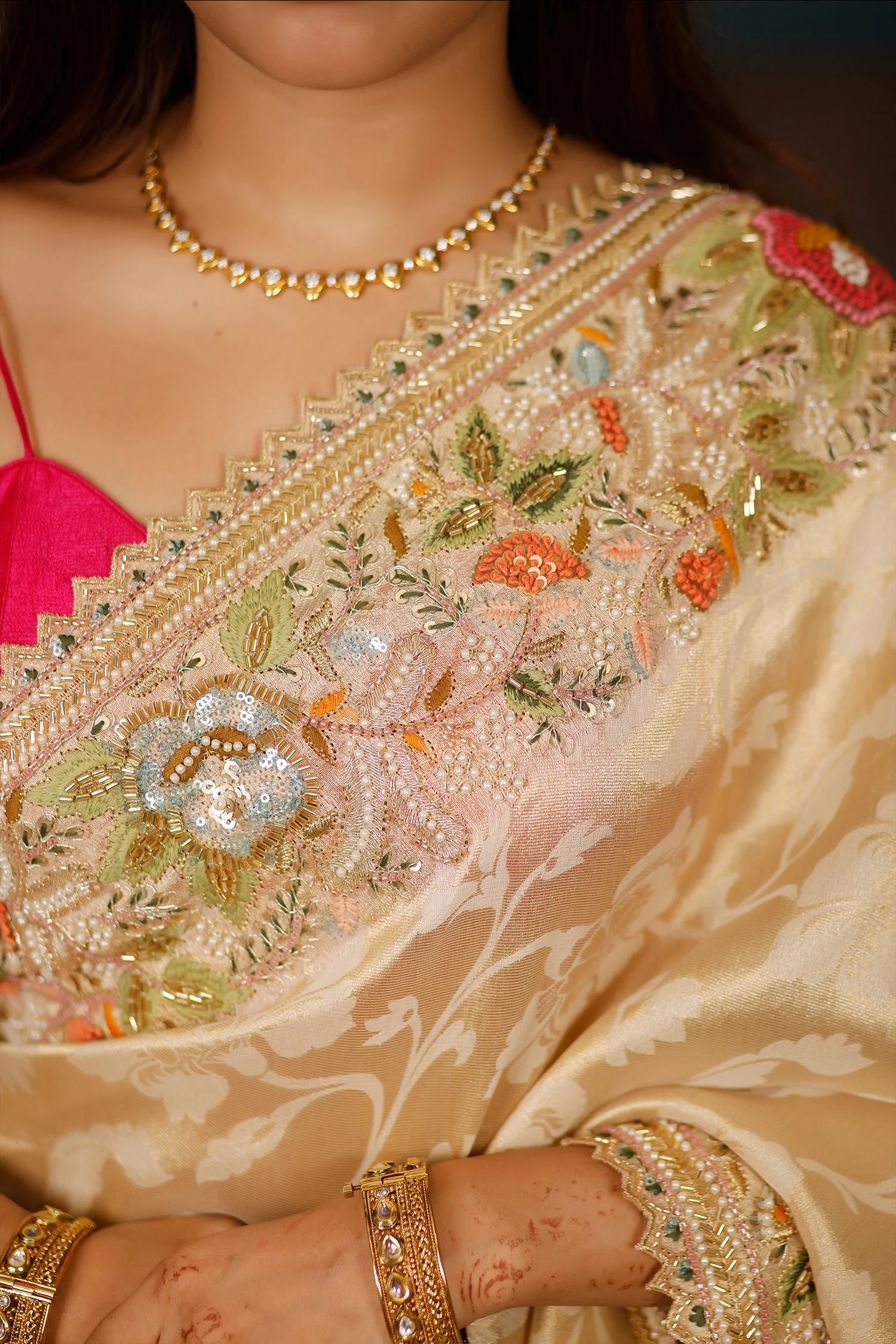 Golden Dola Silk Floral Woven Saree with Sequin Cutdana and Resham Work Border - Image 6