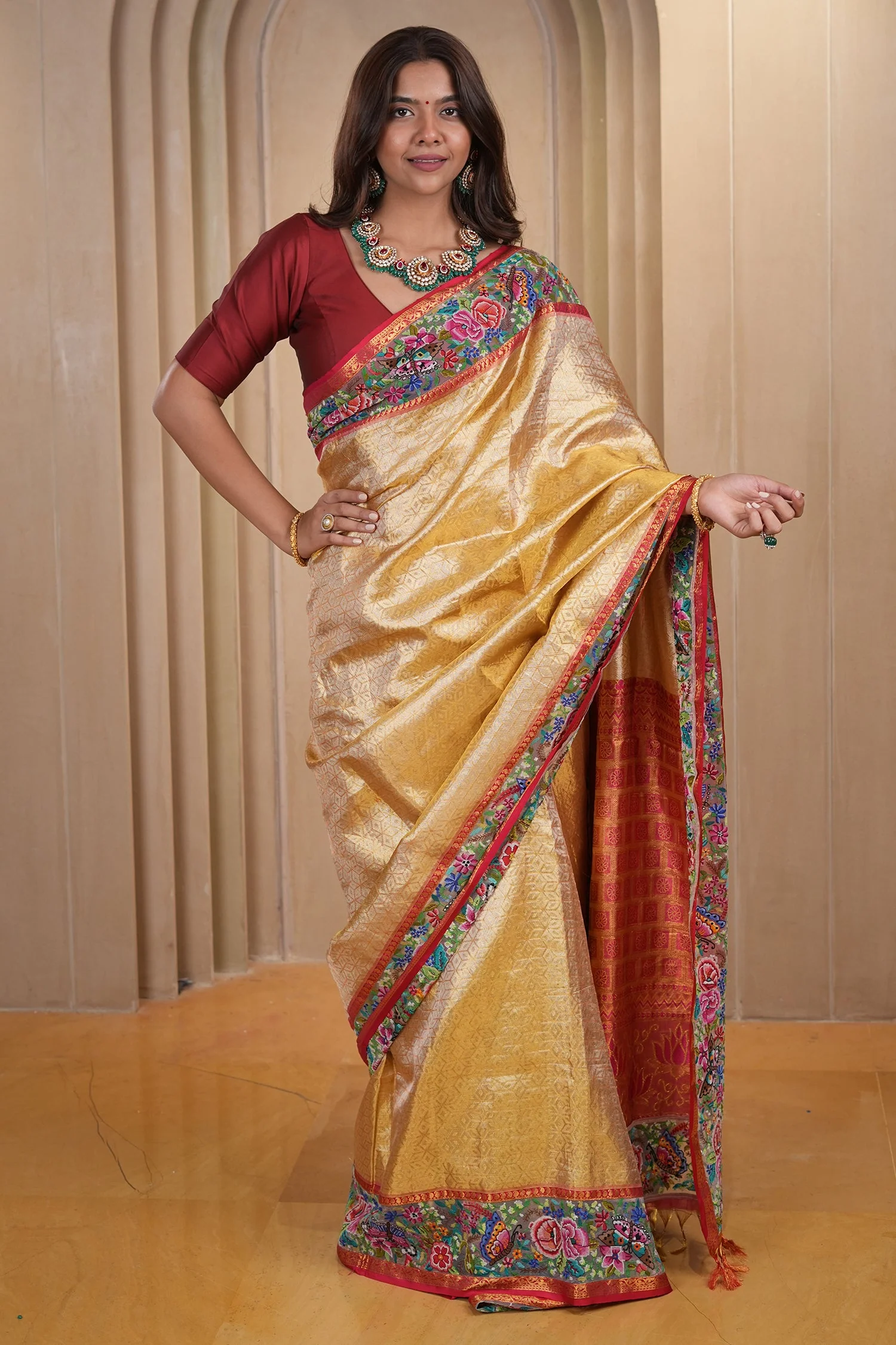 Golden Kanchipuram Silk Woven Saree with Petit Point Embroidery Border - Image 3