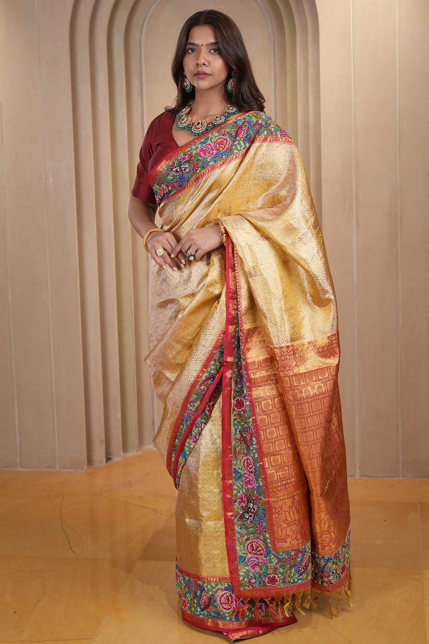 Golden Kanchipuram Silk Woven Saree with Petit Point Embroidery Border - Image 4