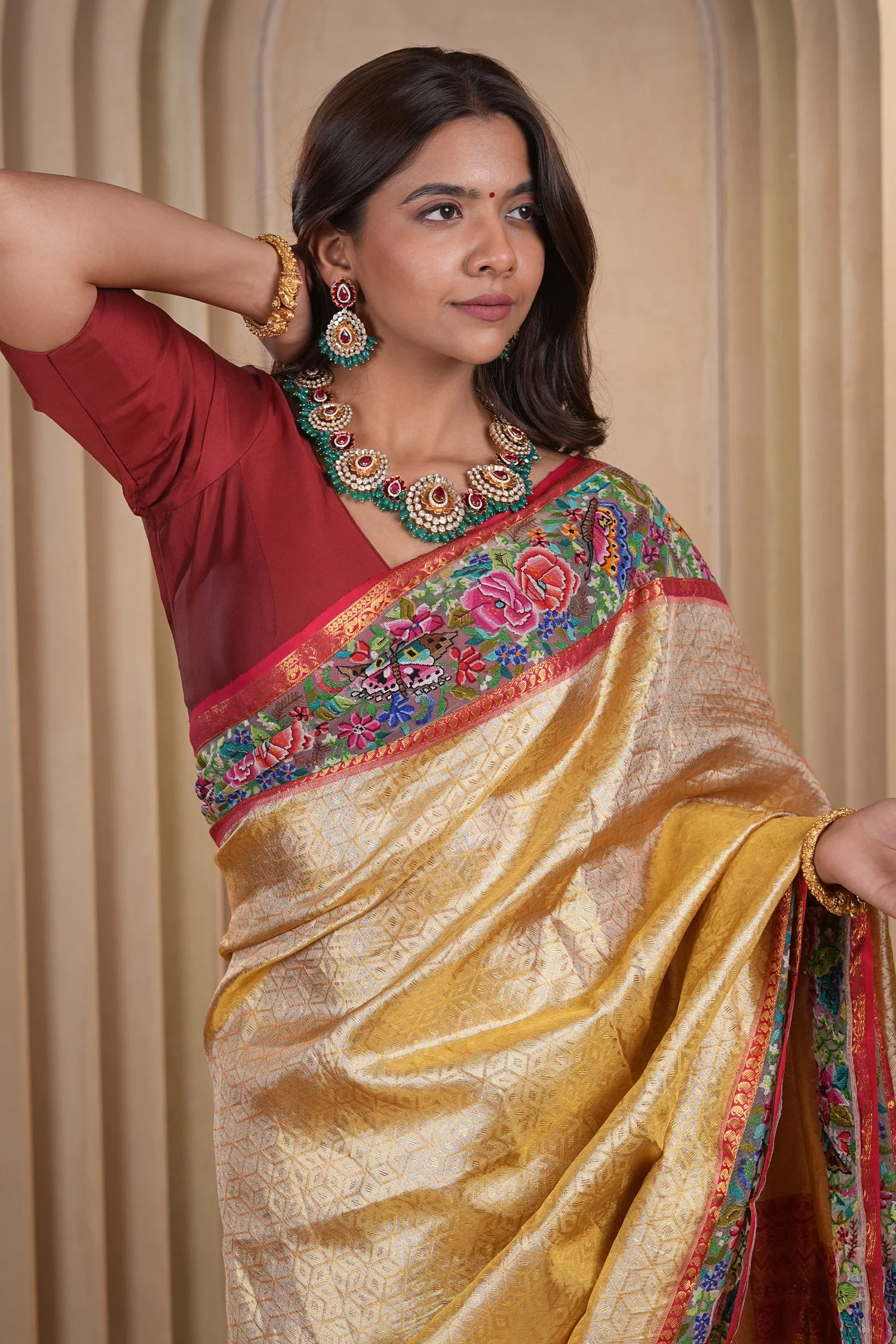 Golden Kanchipuram Silk Woven Saree with Petit Point Embroidery Border - Image 5