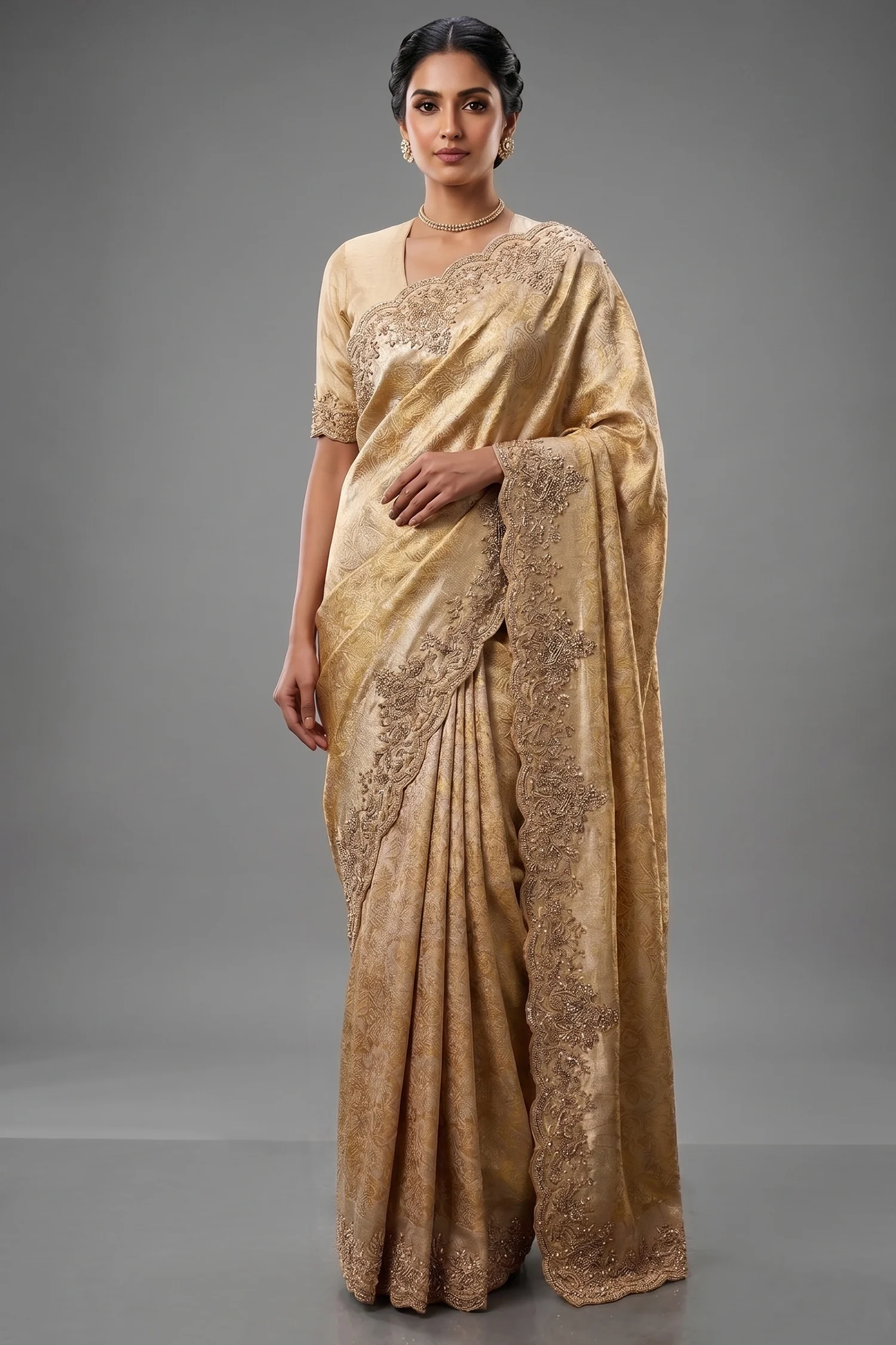 Golden Kanchipuram Tissue Silk traditional All Over Woven Saree with Zardosi Work Border