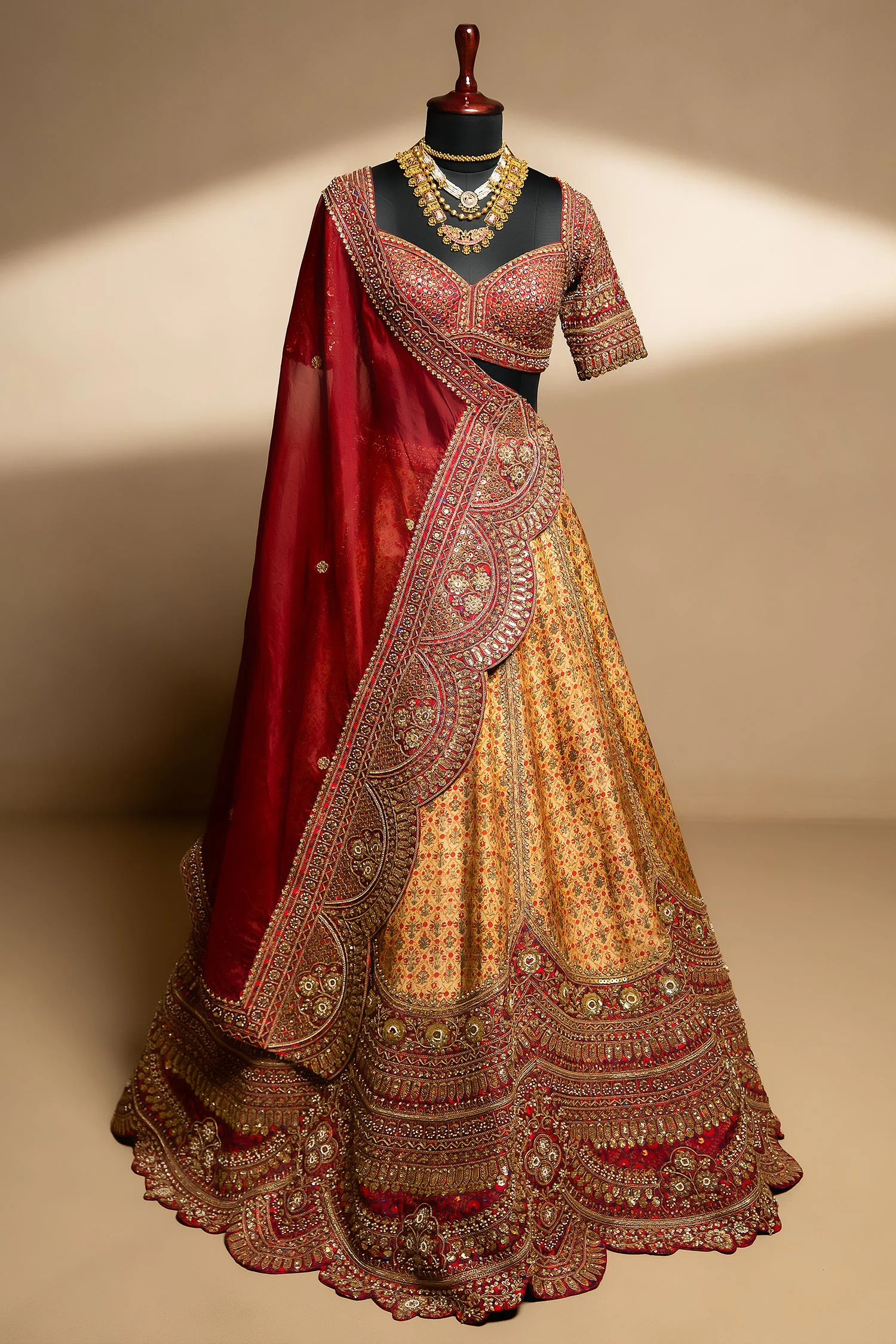 Golden Matka Silk Printed Lehenga with Contrast Scallop Border - Image 3