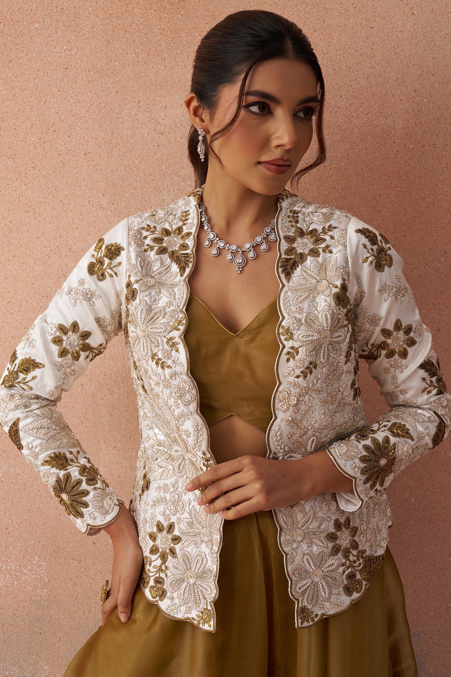 Golden Mustard Tissue Crop Top with Floral Embroidered Jacket and Palazzo Set - Image 6