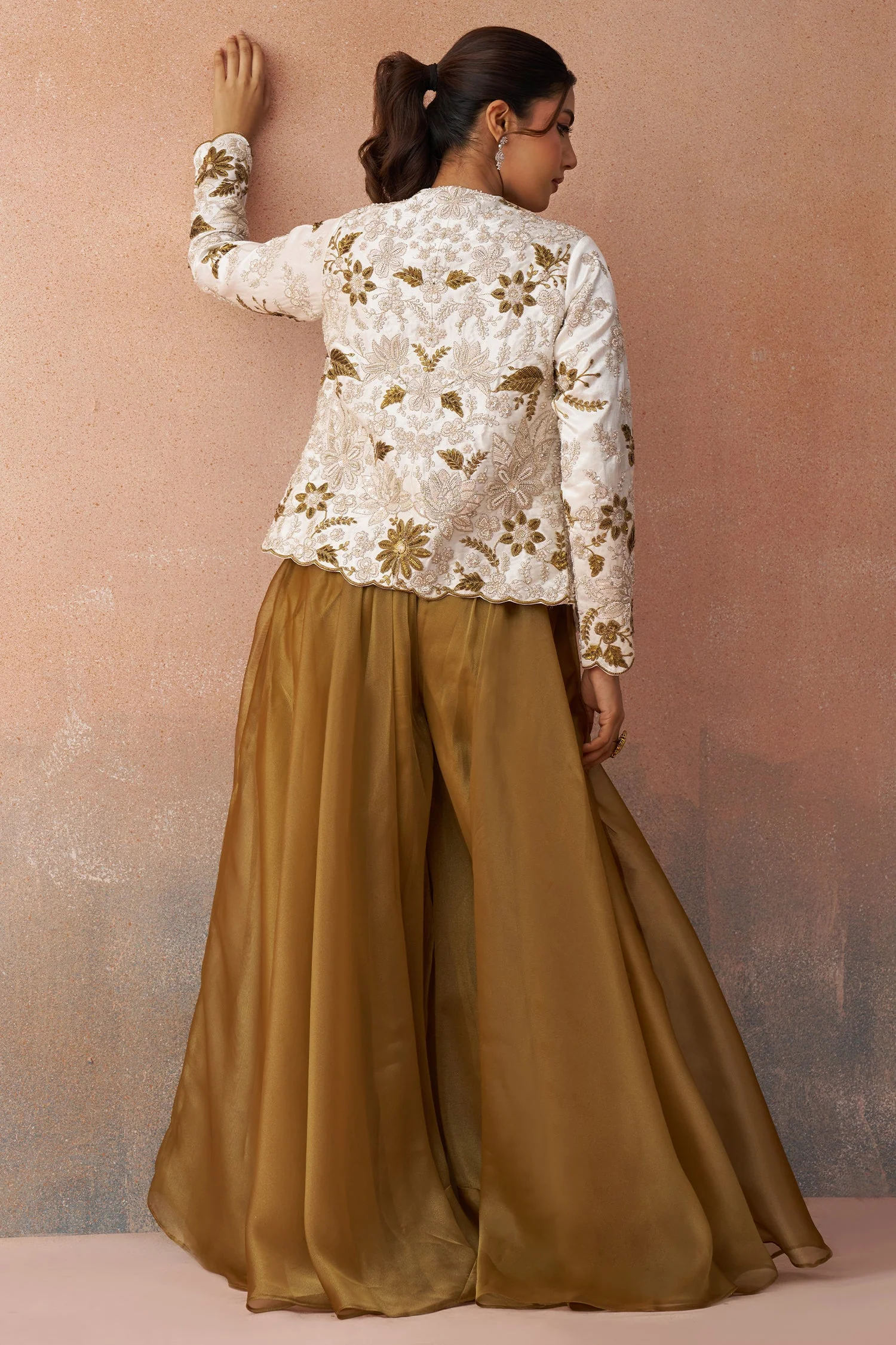 Golden Mustard Tissue Crop Top with Floral Embroidered Jacket and Palazzo Set - Image 7