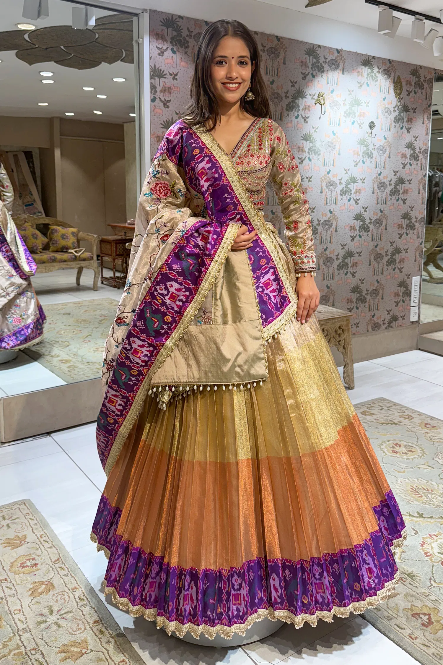 Golden Ombre Tissue Pleated Desginer Lehenga with Patola Border - Image 3