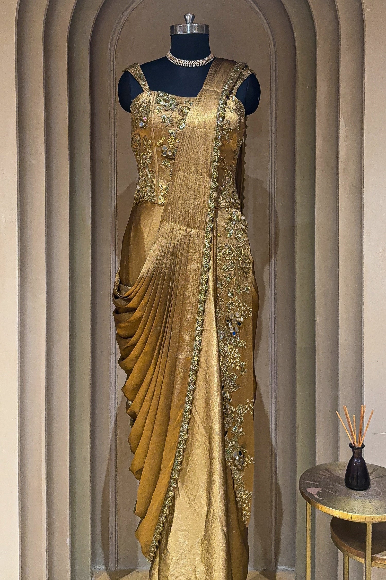 Golden Satin Embroidered Draped Saree Dress - Image 3