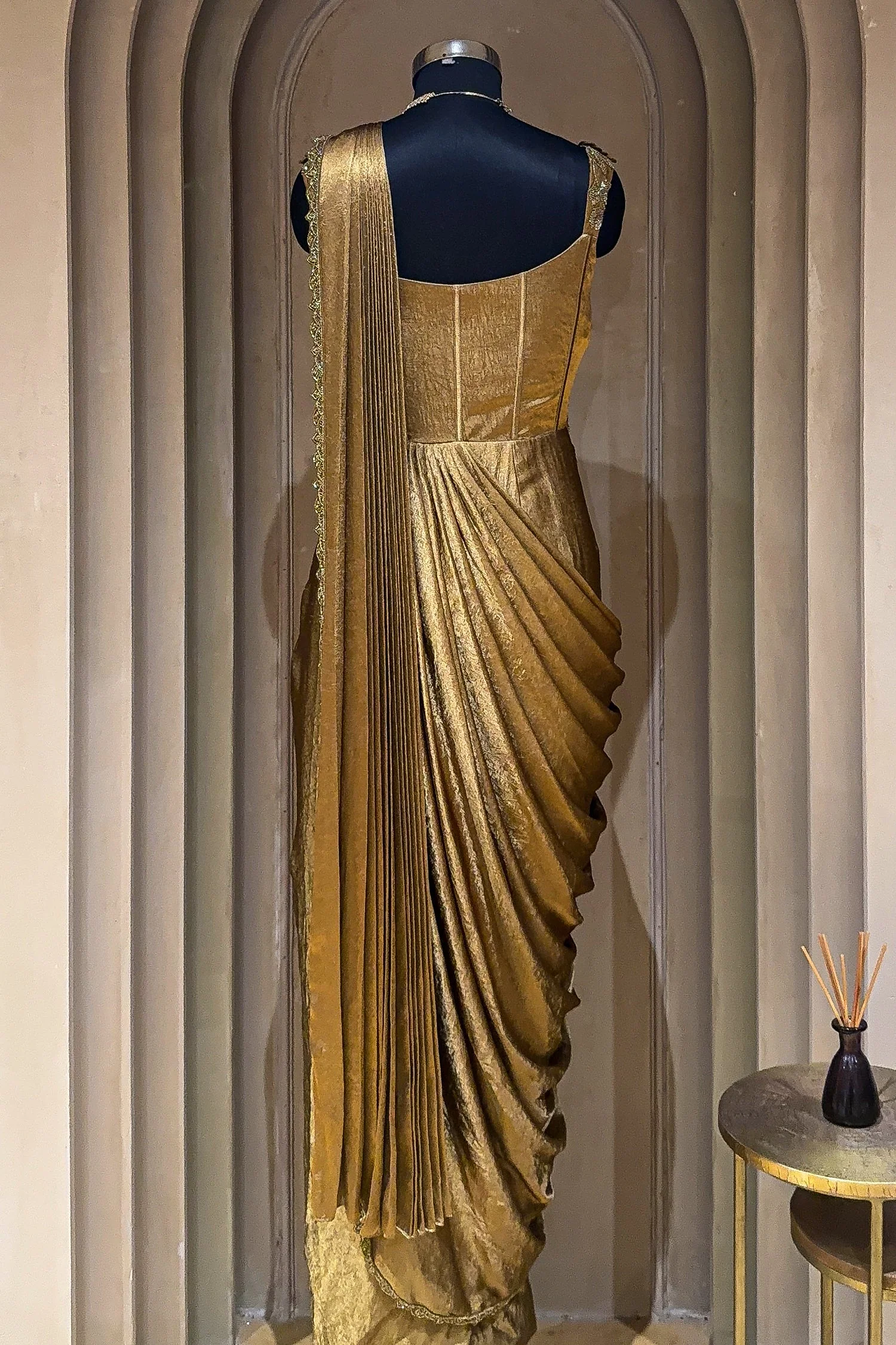 Golden Satin Embroidered Draped Saree Dress - Image 4