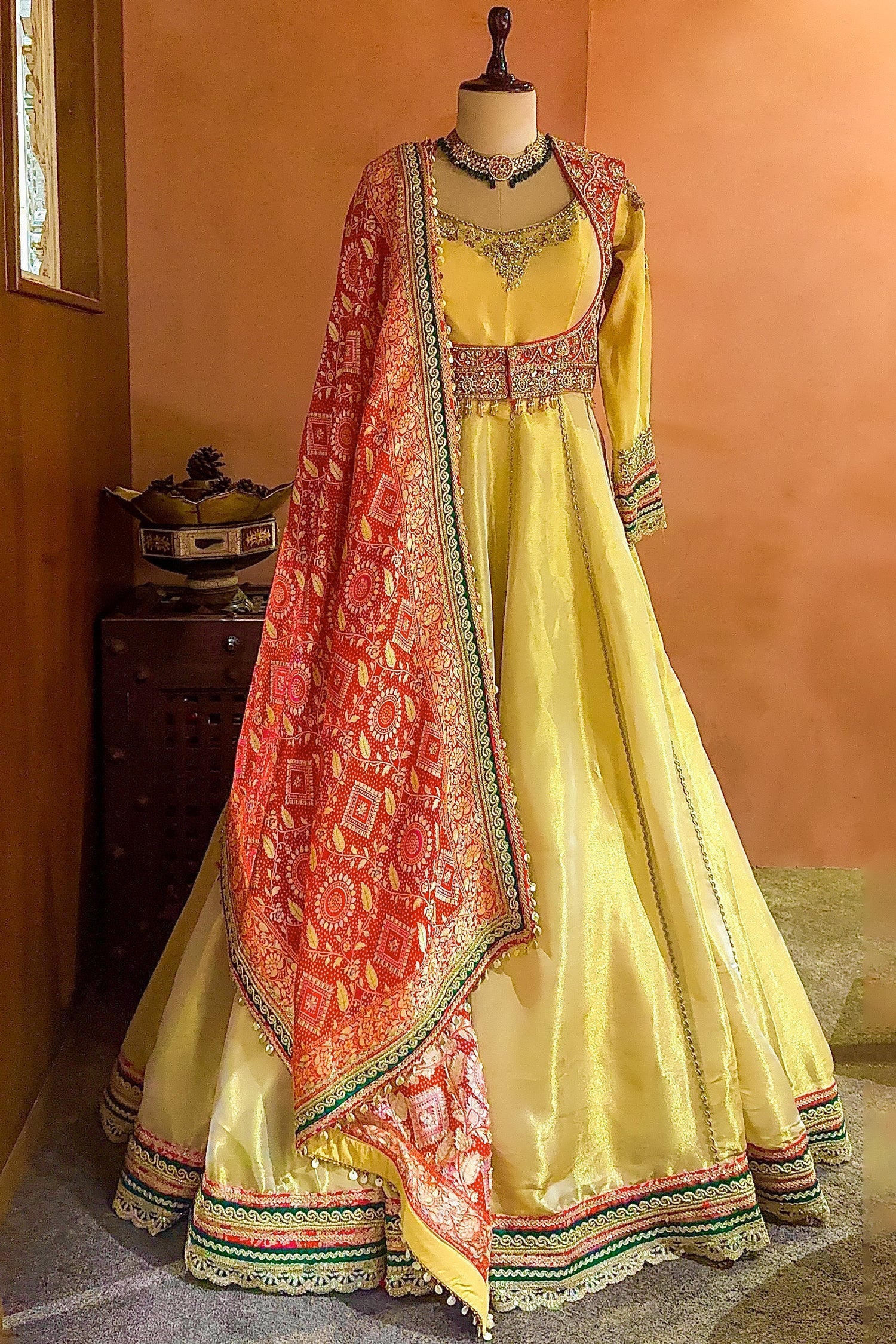 Golden Tissue Designer Anarkali Suit with Bandhej Dupatta - Image 2