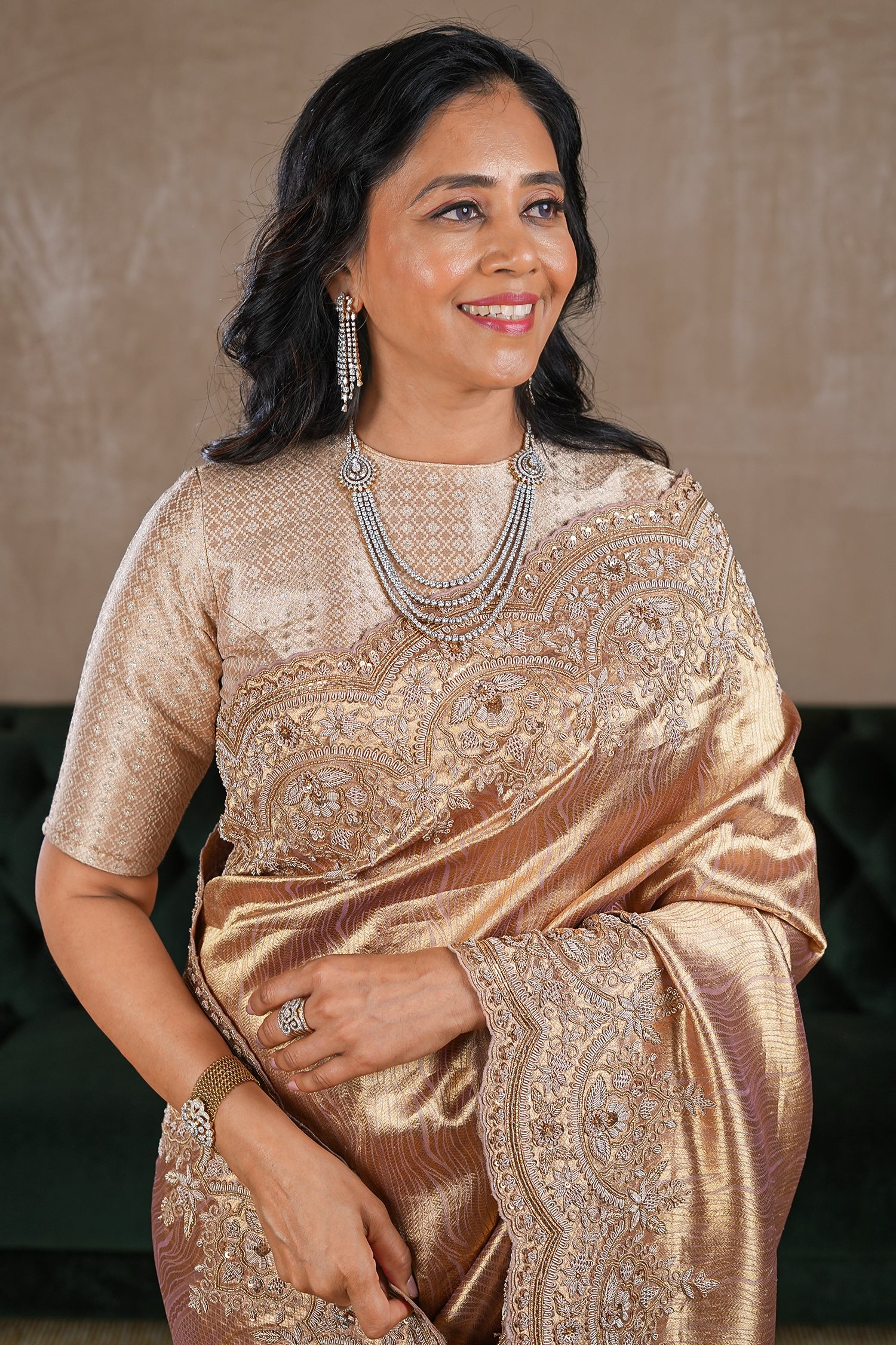 Golden Tissue Designer Saree with Handworked Scallop Border - Image 4
