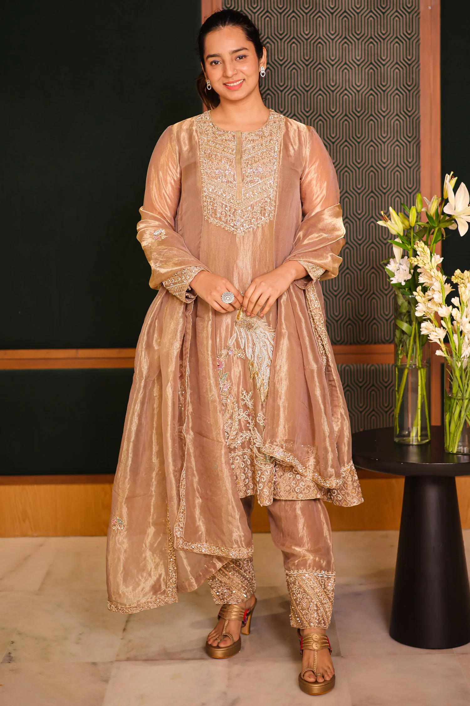 Golden Tissue Silk Beaded and Zardosi Worked Suit - Image 2