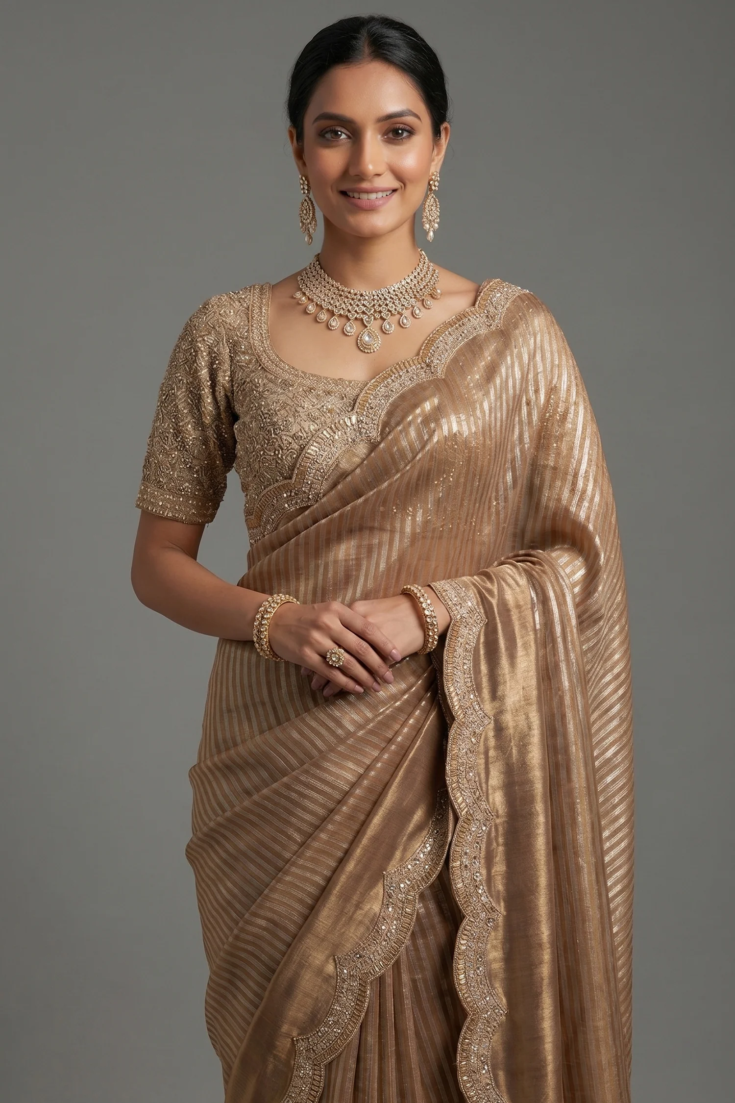 Golden Tissue Silk Designer Scallop Border Saree with Readymade Blouse - Image 2