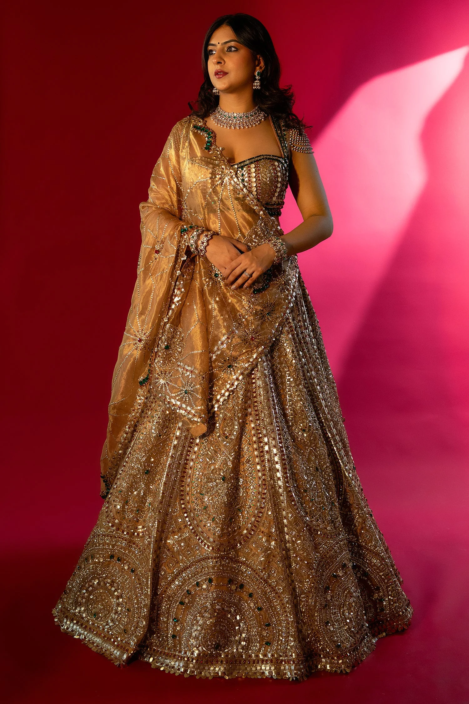 Golden Tissue Silk Metallic Worked Designer Lehenga - Image 3