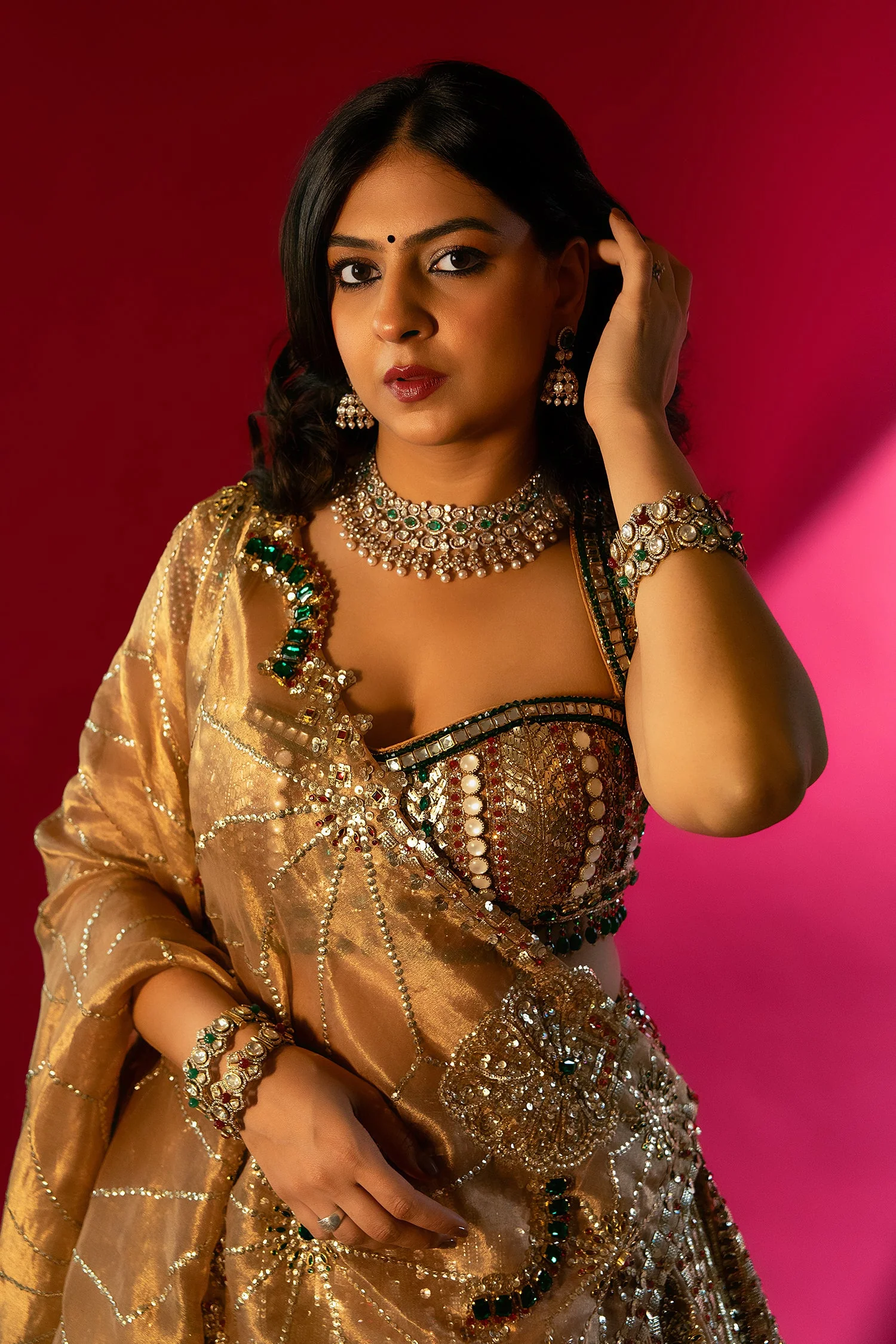 Golden Tissue Silk Metallic Worked Designer Lehenga - Image 5