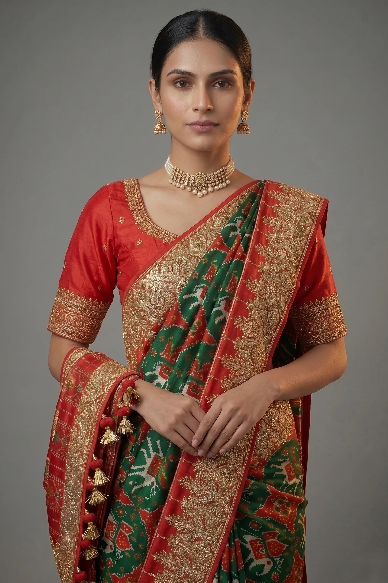 Green and Red Silk Traditional Patola Saree with Zardosi and Beads Work - Image 2