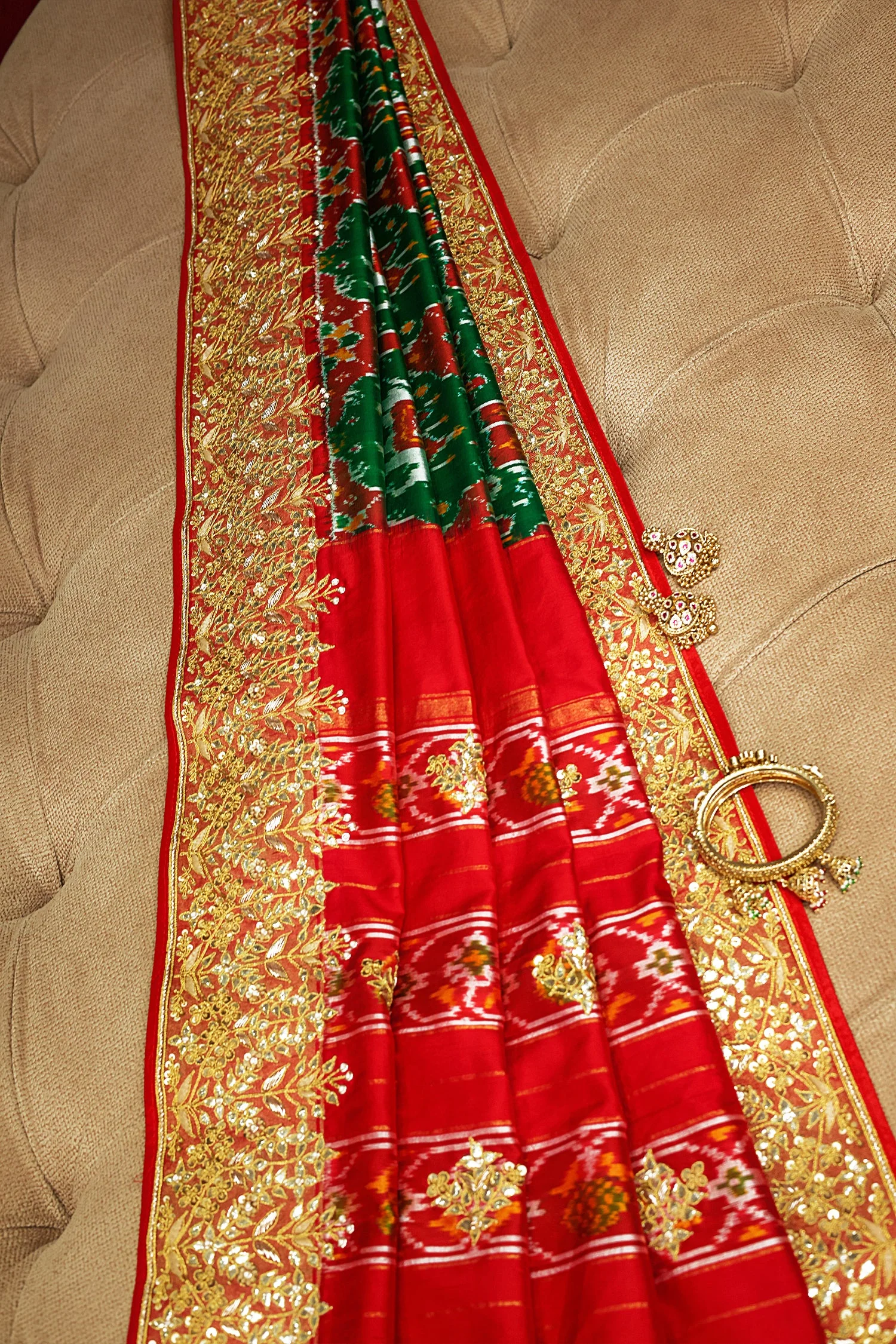Green and Red Silk Traditional Patola Saree with Zardosi and Beads Work - Image 3