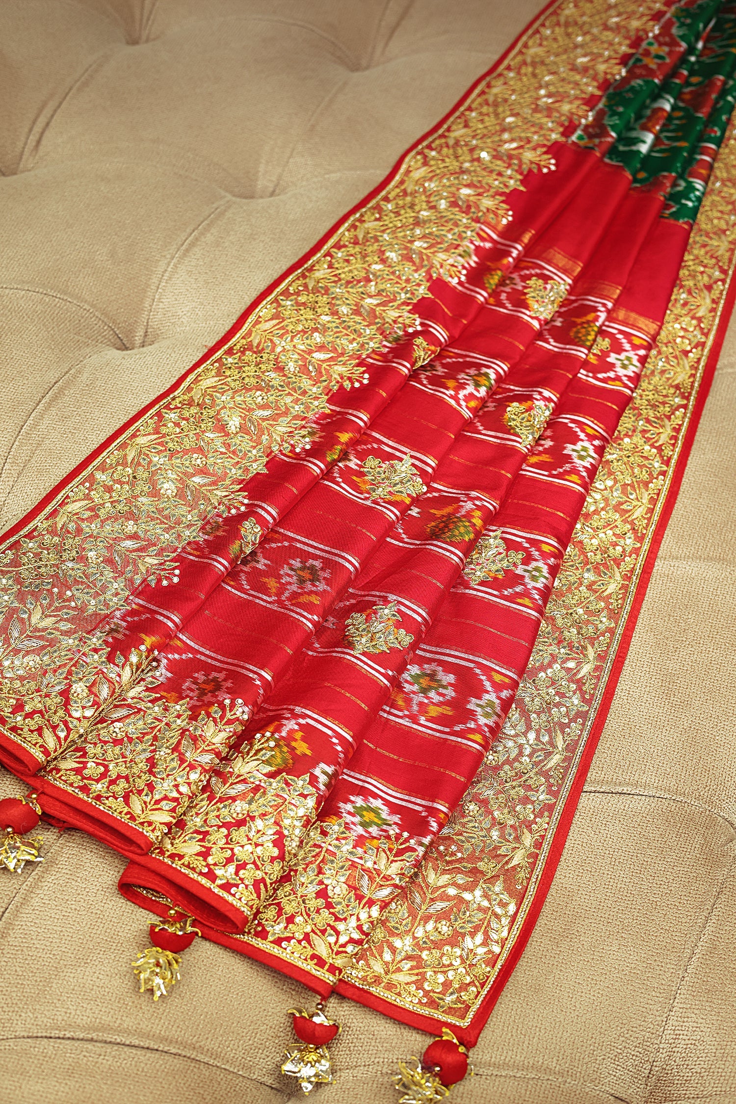 Green and Red Silk Traditional Patola Saree with Zardosi and Beads Work - Image 4