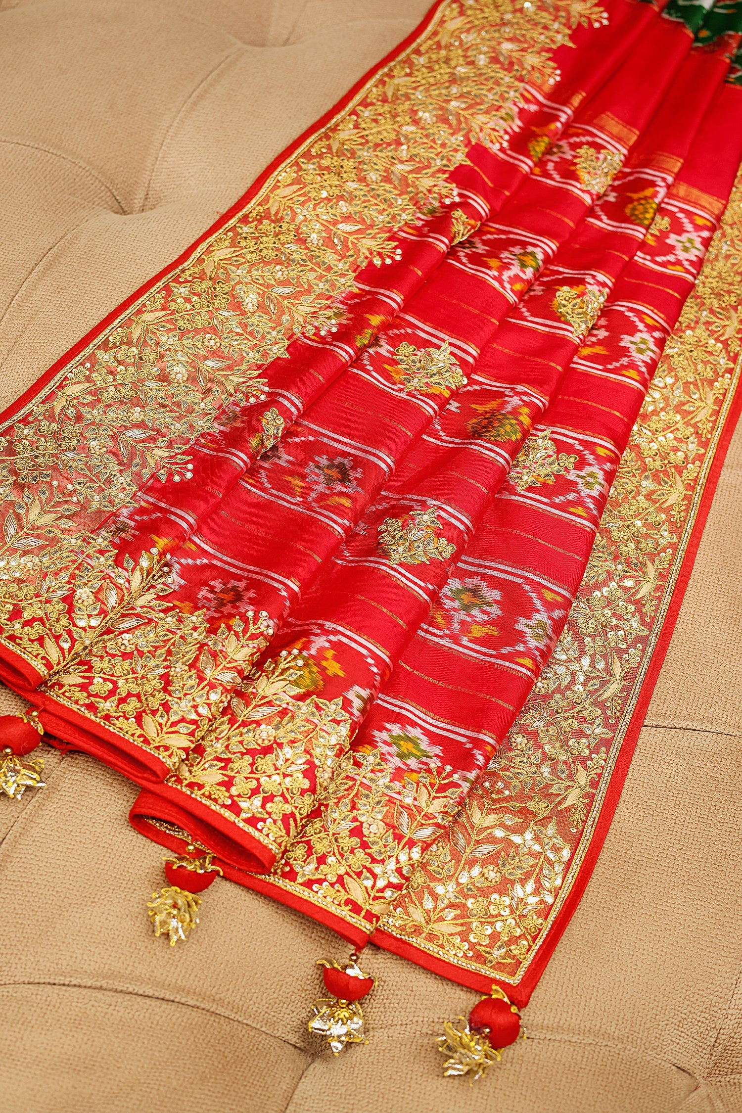 Green and Red Silk Traditional Patola Saree with Zardosi and Beads Work - Image 5