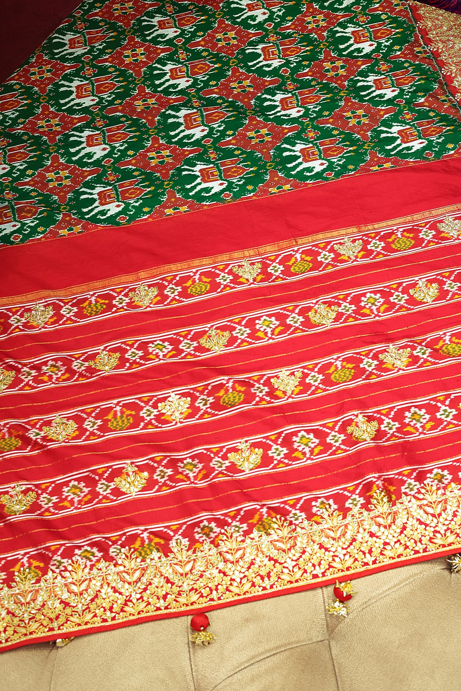 Green and Red Silk Traditional Patola Saree with Zardosi and Beads Work - Image 6