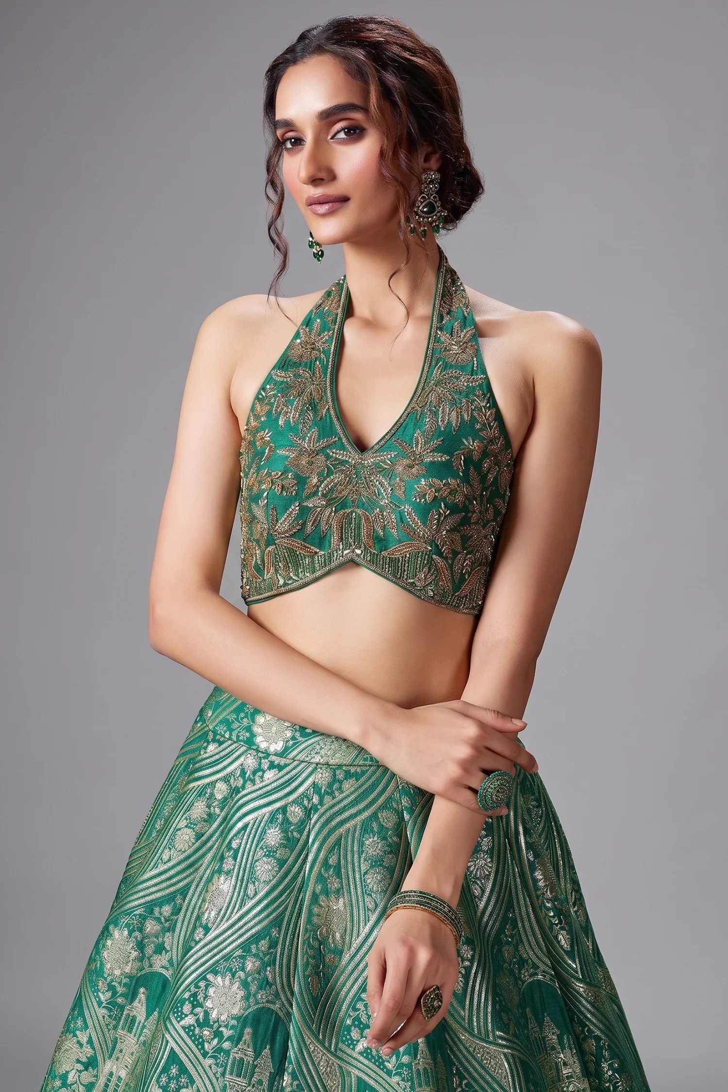 Green Banarasi Brocade Silk Zari Woven Lehenga with Zardosi Work Halter Neck Blouse - Image 2