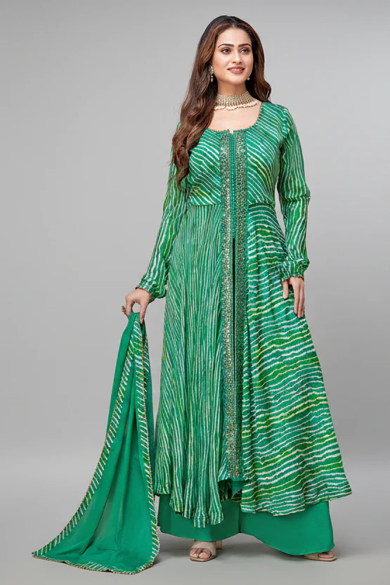 Green Georgette Chiffon Leheriya Printed Palazzo Suit with Mirror Work