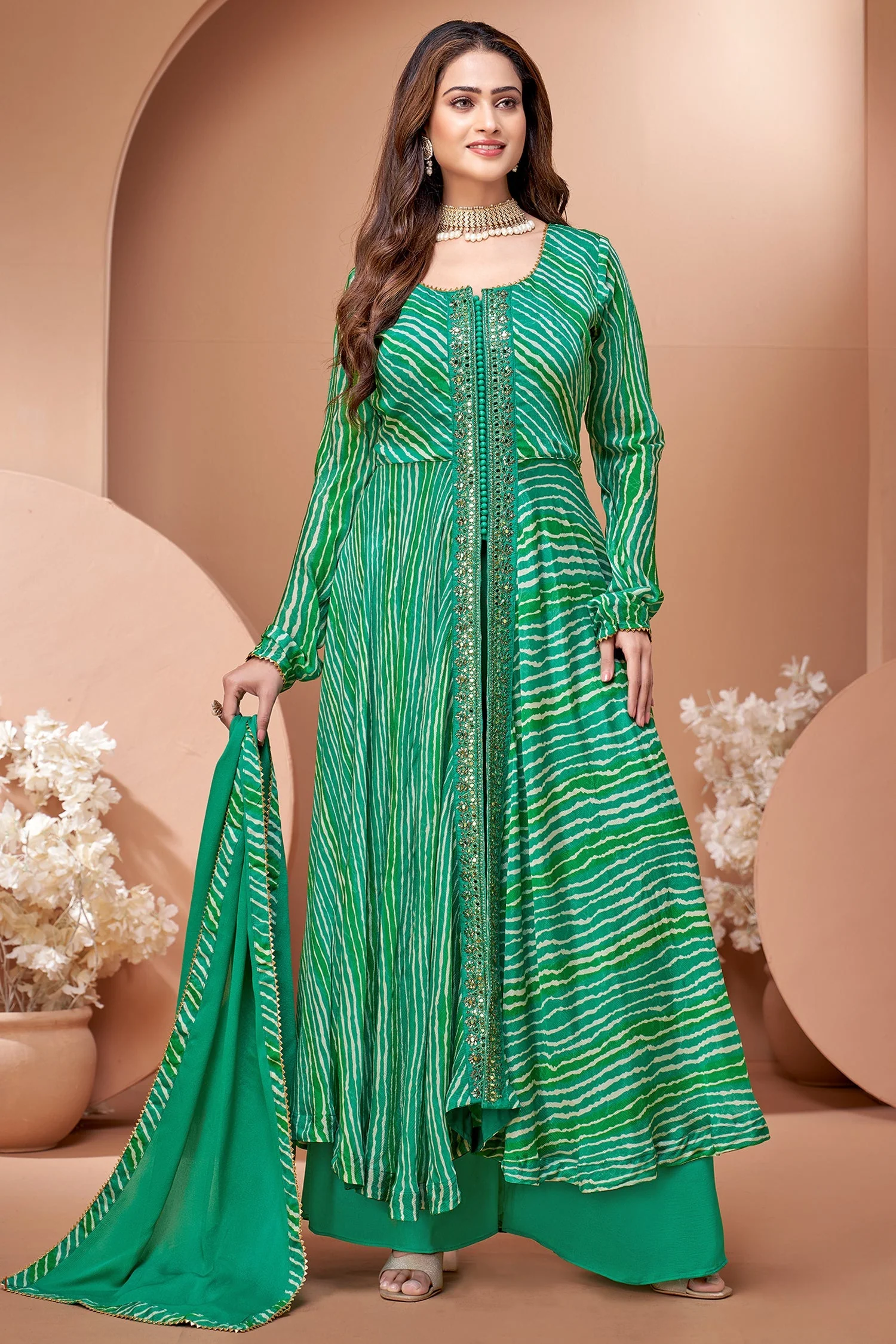 Green Georgette Chiffon Leheriya Printed Palazzo Suit with Mirror Work - Image 2