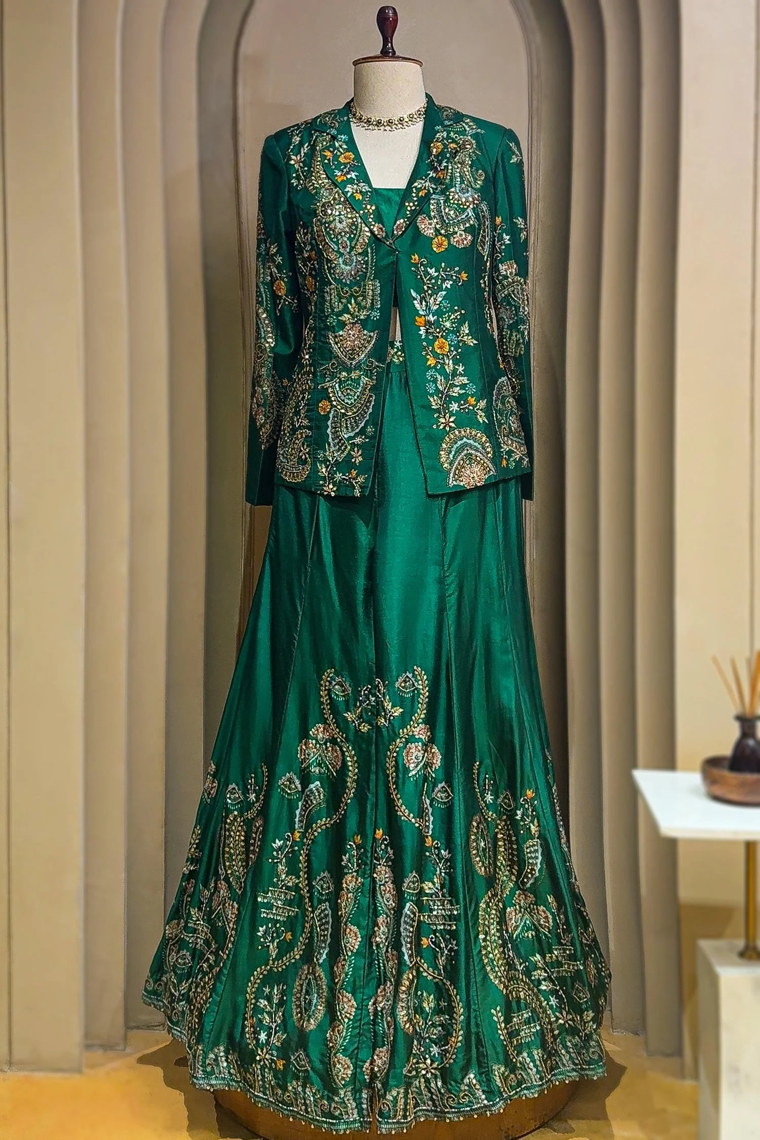 Green Satin Sequin Cutdana Worked Indo Western Set - Image 2