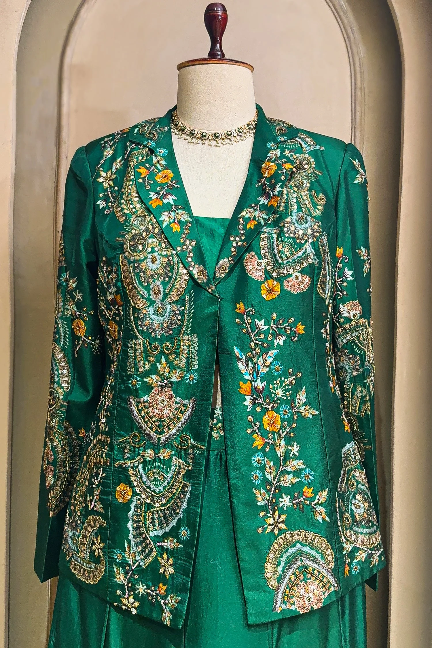 Green Satin Sequin Cutdana Worked Indo Western Set - Image 3