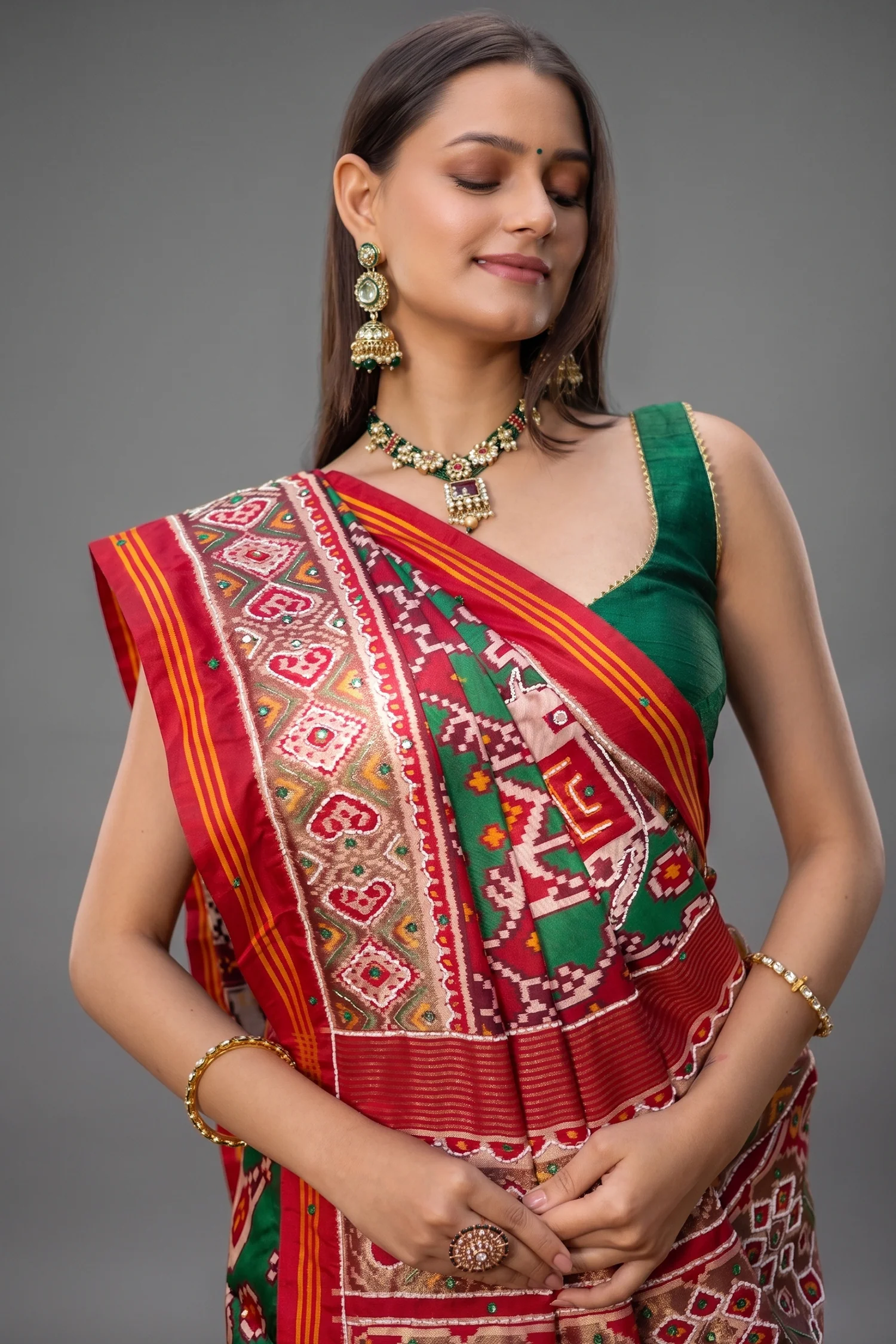 Green Silk Traditional Patola Saree with Beaded Work - Image 2