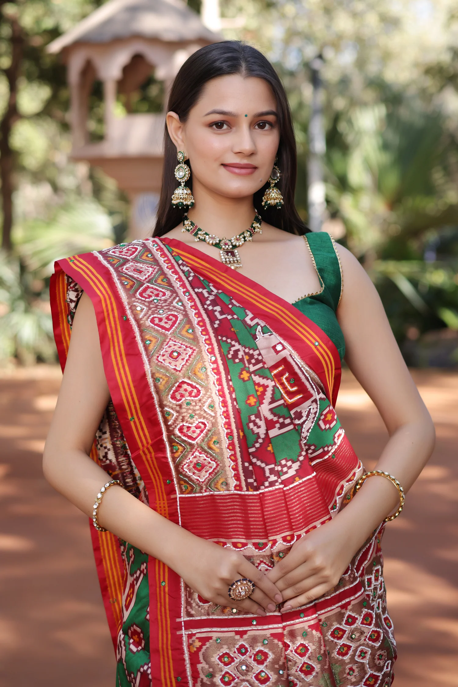 Green Silk Traditional Patola Saree with Beaded Work - Image 3