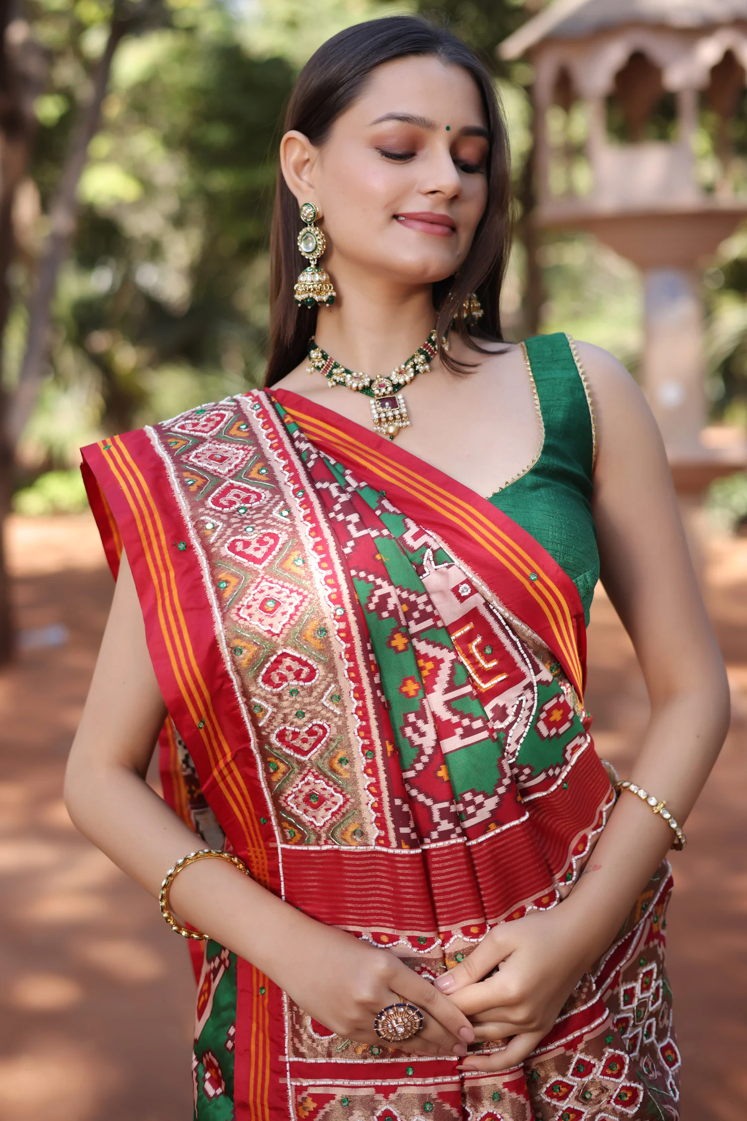 Green Silk Traditional Patola Saree with Beaded Work - Image 5