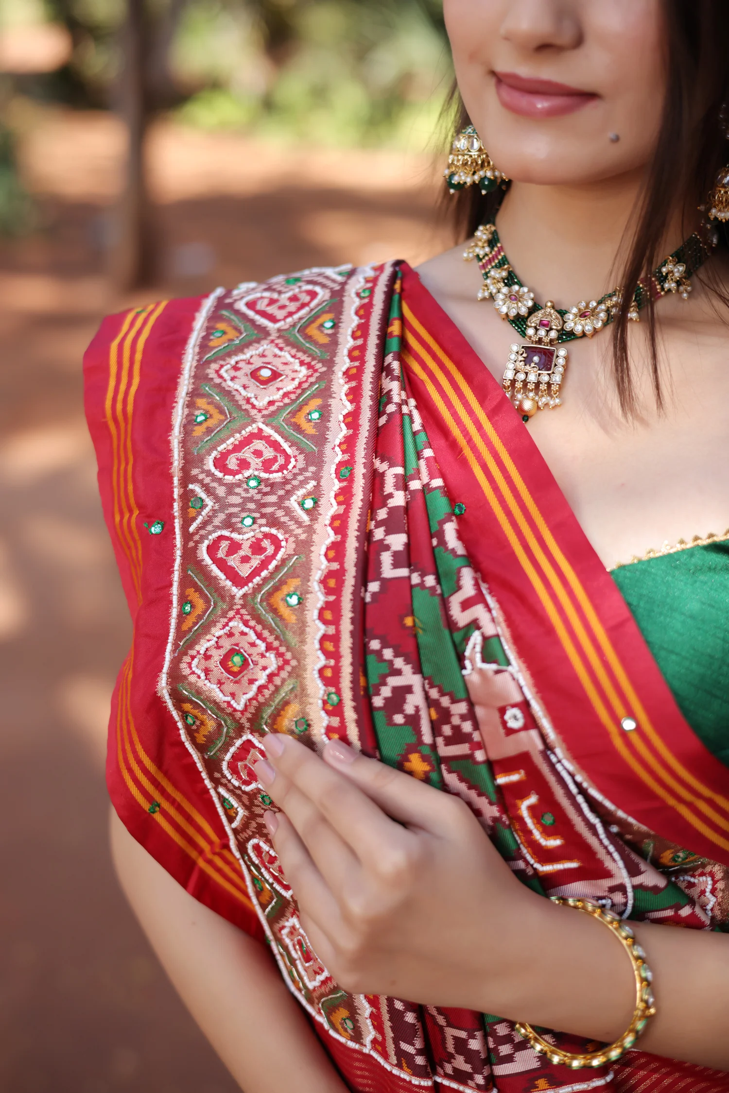 Green Silk Traditional Patola Saree with Beaded Work - Image 7