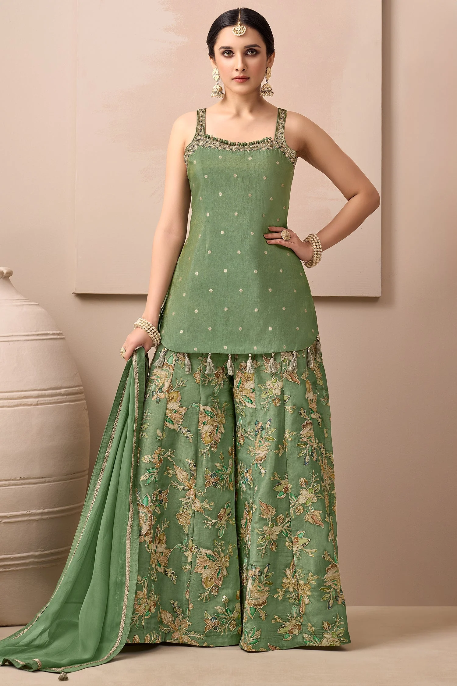 Green Tissue Weaving Palazzo Suit - Image 2