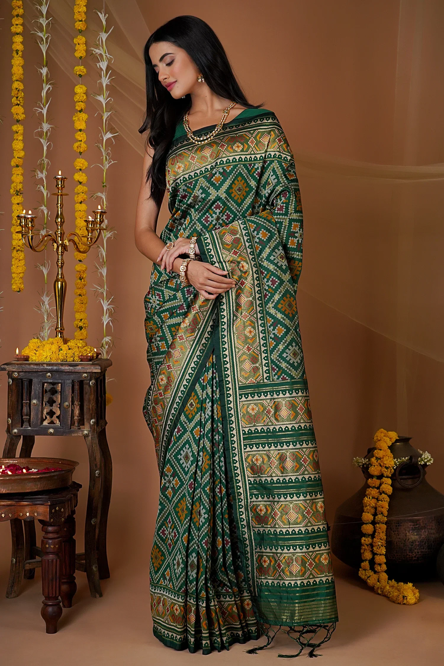 Green Traditional Patola Woven Saree in Silk - Image 2
