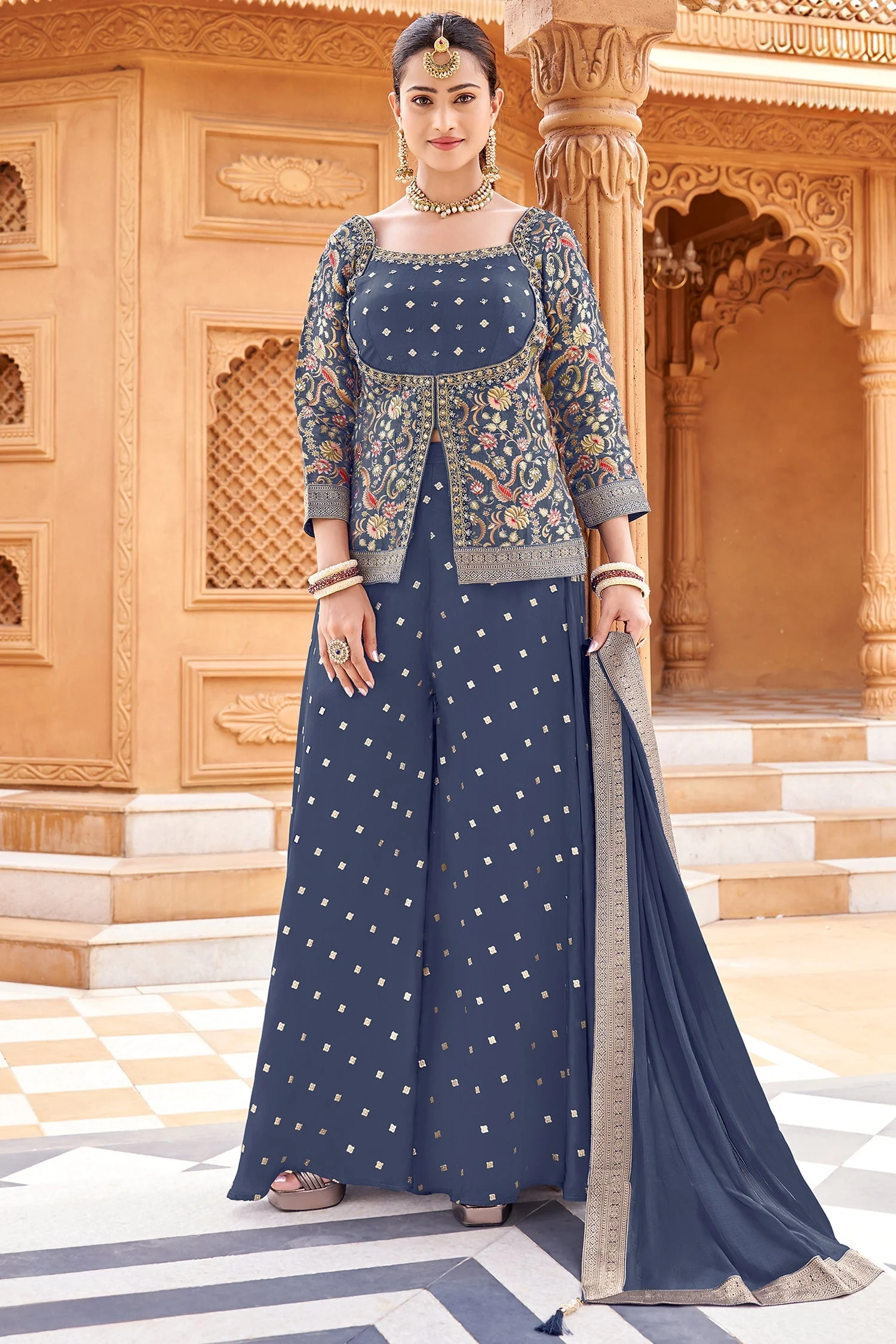 Grey Chinon Georgette Floral Woven Palazzo Suit - Image 3