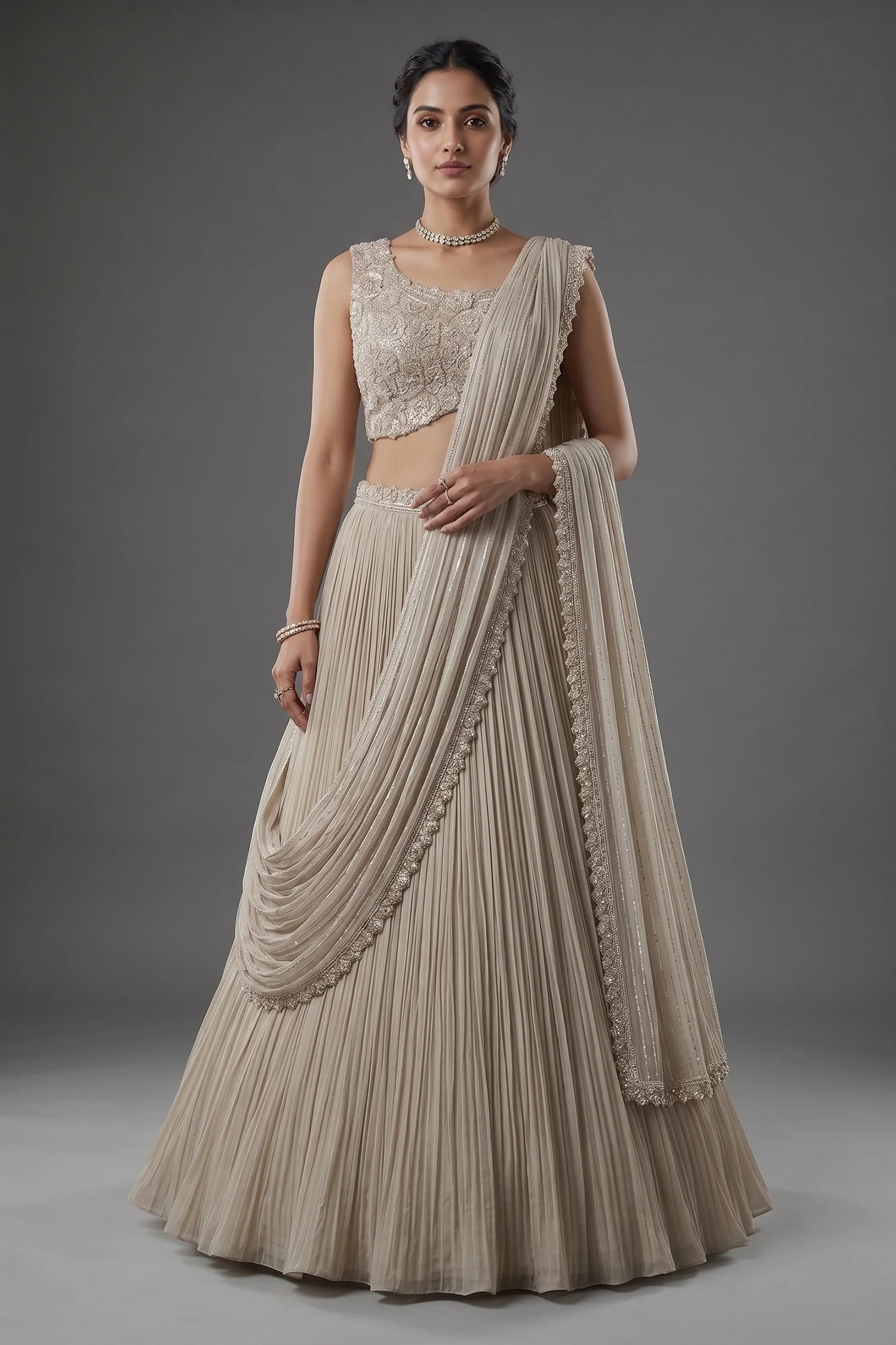 Grey Chinon Silk Sequin Cutdana Work Lehenga with Attached Dupatta