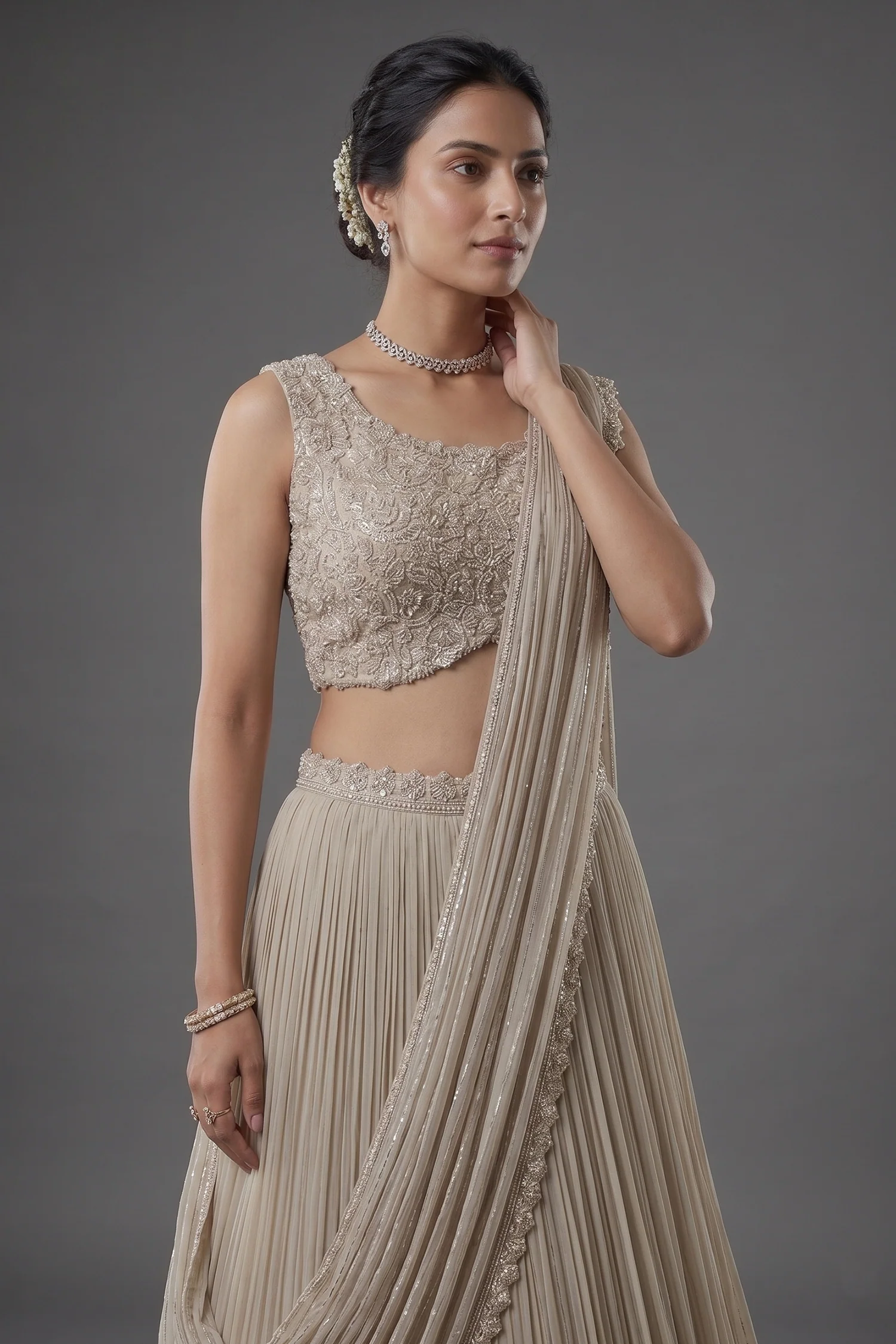 Grey Chinon Silk Sequin Cutdana Work Lehenga with Attached Dupatta - Image 2
