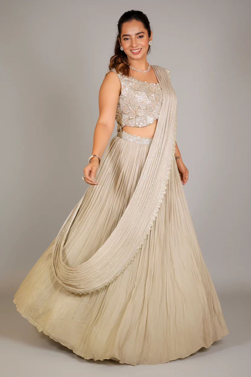 Grey Chinon Silk Sequin Cutdana Work Lehenga with Attached Dupatta - Image 3