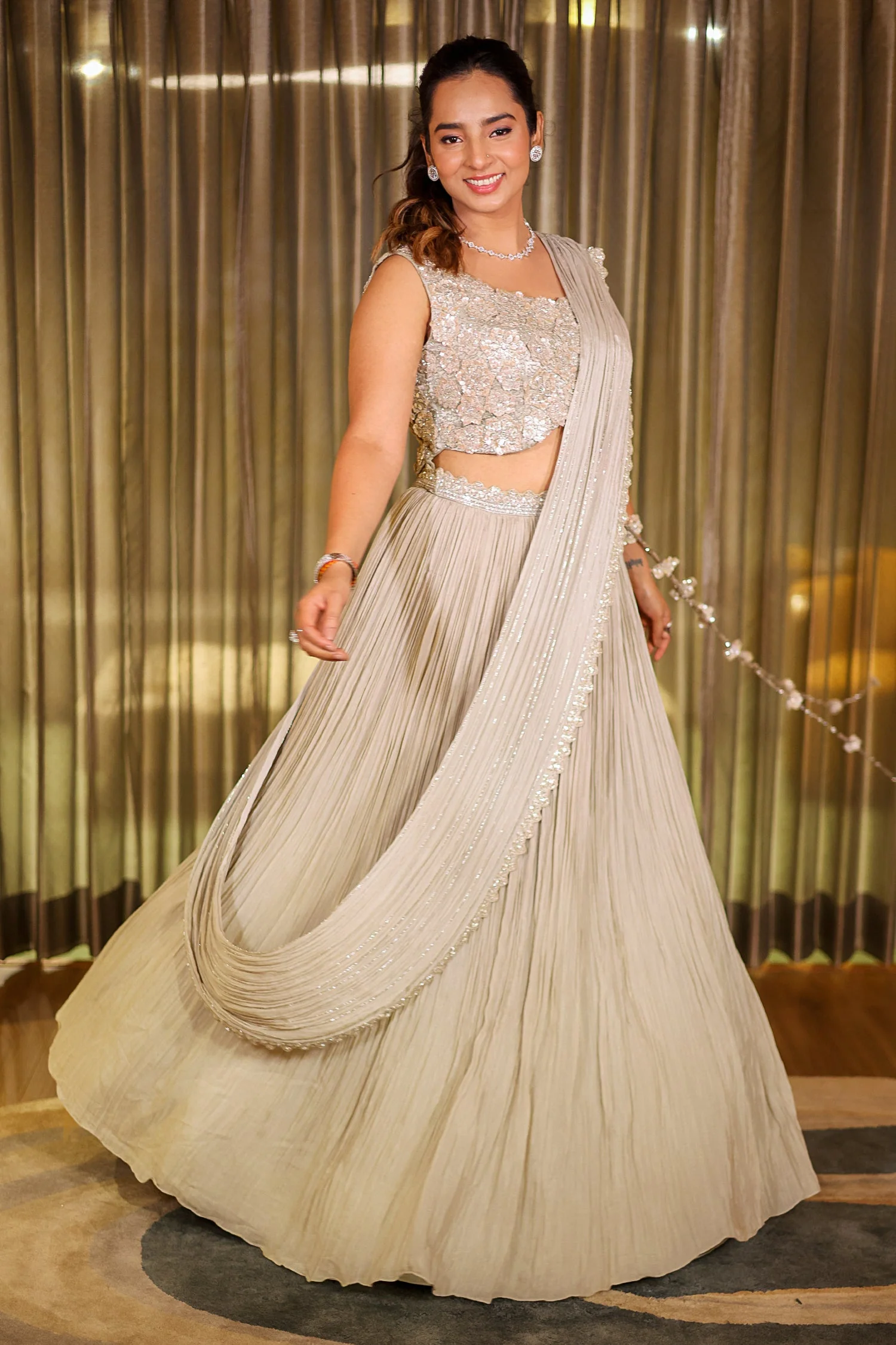 Grey Chinon Silk Sequin Cutdana Work Lehenga with Attached Dupatta - Image 4
