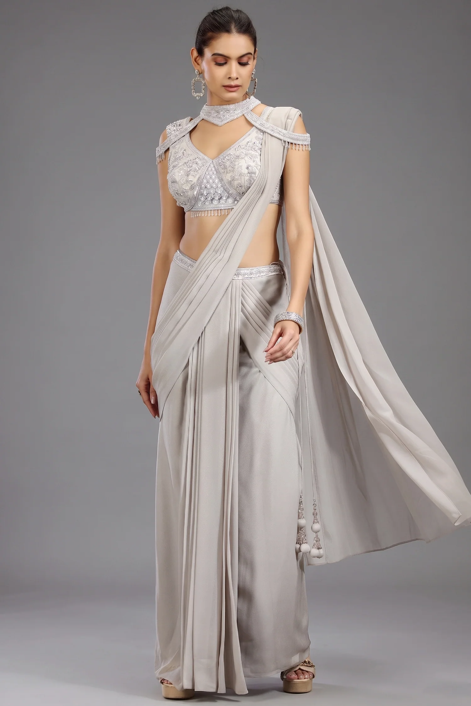 Grey Georgette Shimmer Pleated Saree with Embellished Blouse