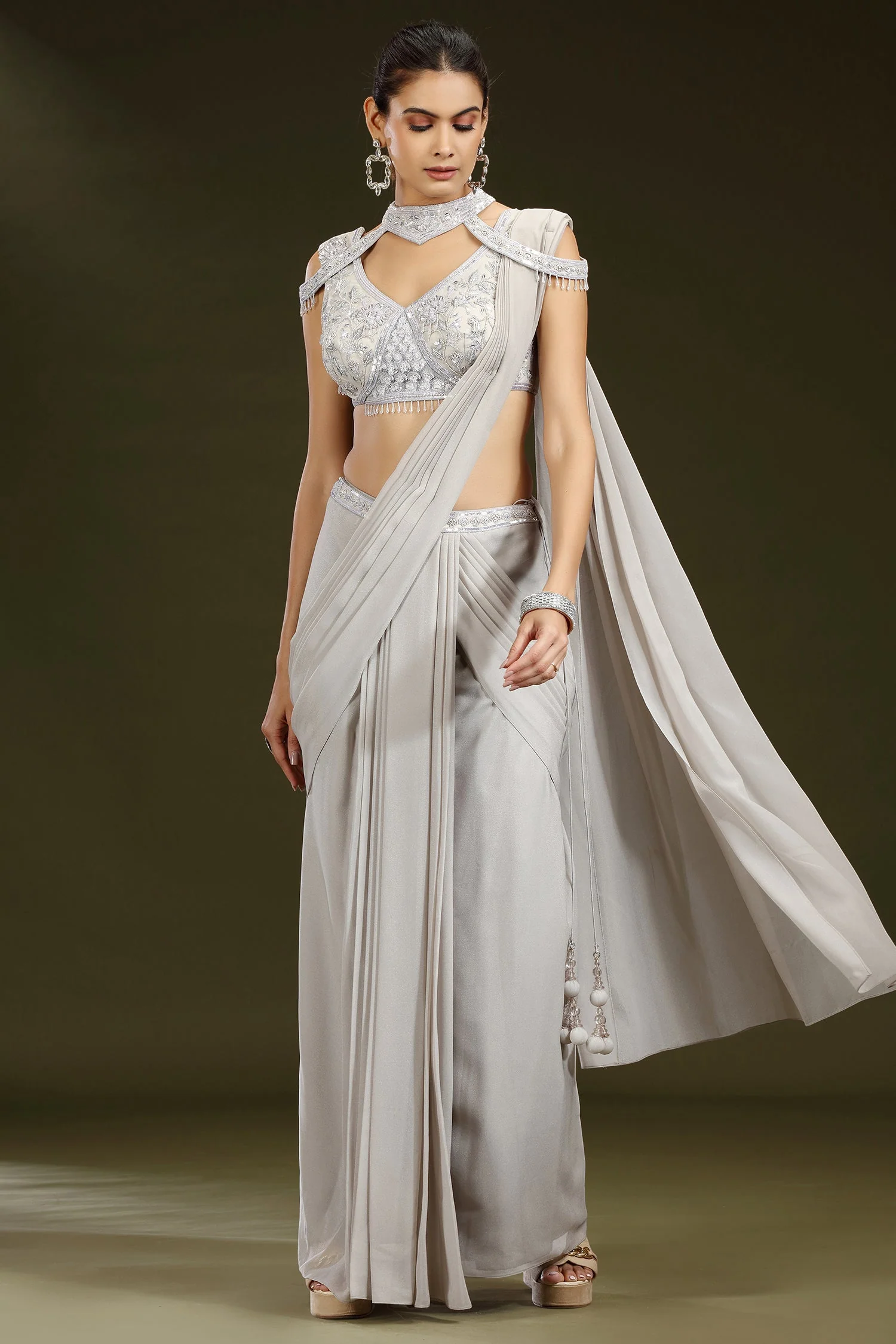 Grey Georgette Shimmer Pleated Saree with Embellished Blouse - Image 3